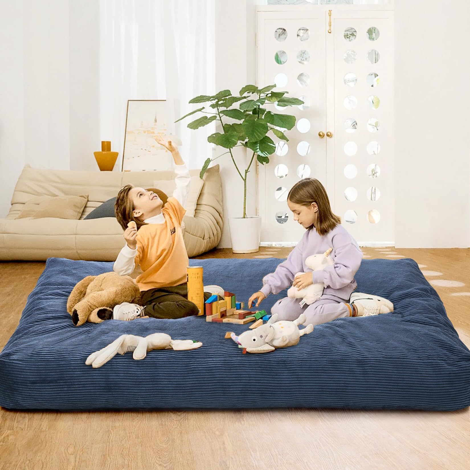 Géant Pouf Lit Convertible en Velours Côtelé,2 in 1 Canapé Paresseux Convertible lit,Rembourrage Mousse,Canapé lit Convertible/Chauffeuse 1 Place pour Salon/Chambre(190x135x25cm,Bleu)