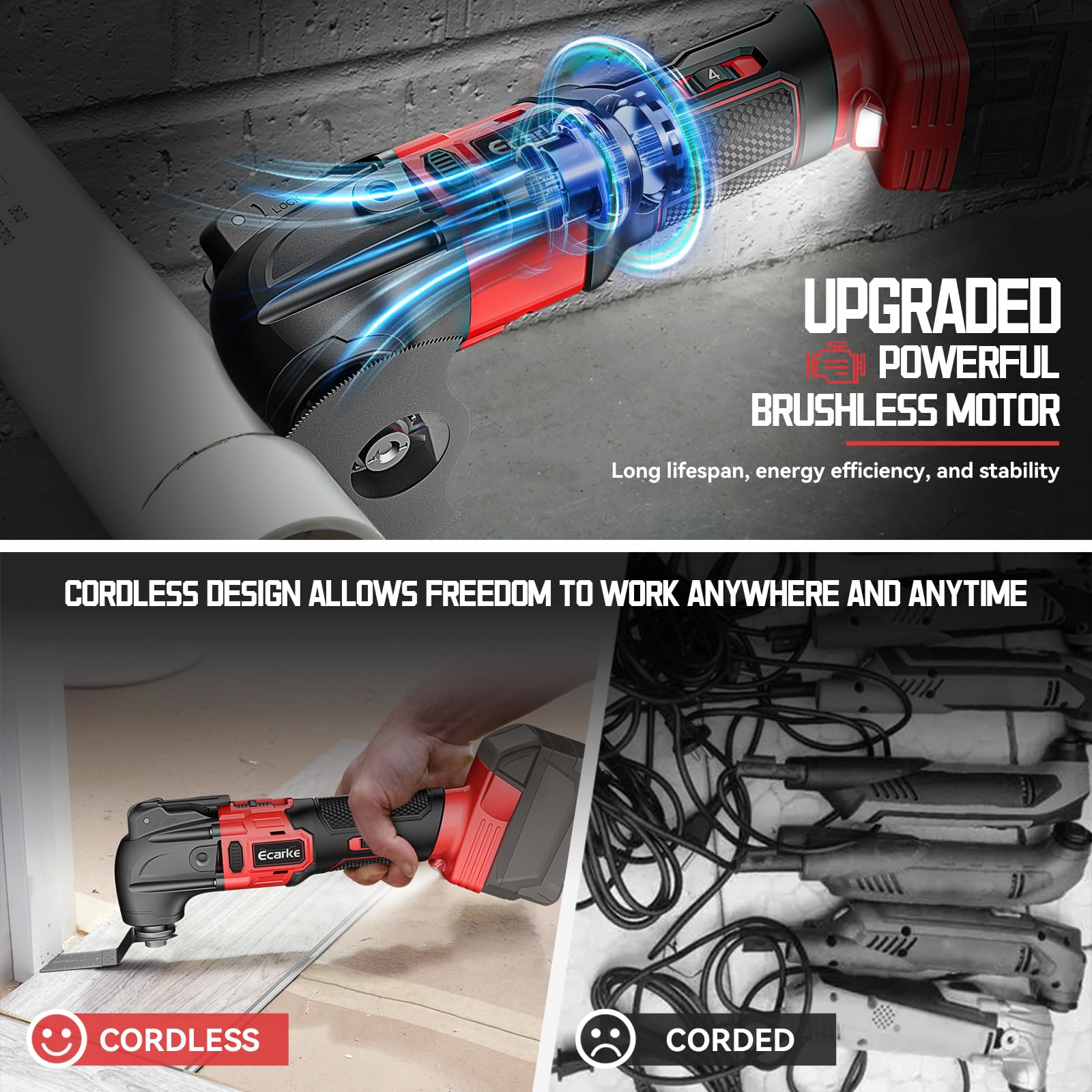 Ecarke Multiherramienta Oscilante Compatible con Baterías M-ilwaukee 18V, con 6 Velocidades Ajustables y Motor sin Escobillas para Raspar, Limar, con 23 Accesorios(Solo Herramienta)-Rojo