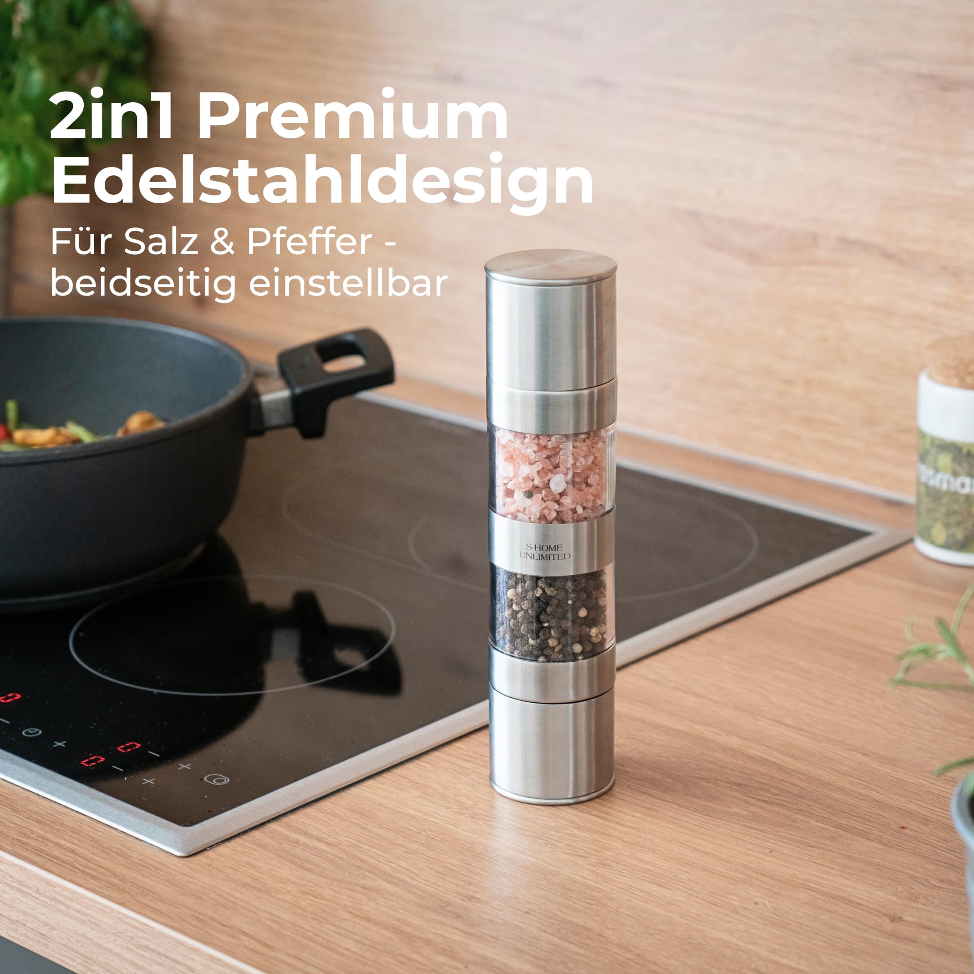 Salz- und Pfeffermühle 2in1 - Edelstahl Gewürzmühle | Mit hochwertigem Keramikmahlwerk | Stufenlos einstellbarer Mahlgrad | Ideal für Salz, Pfeffer & Gewürze