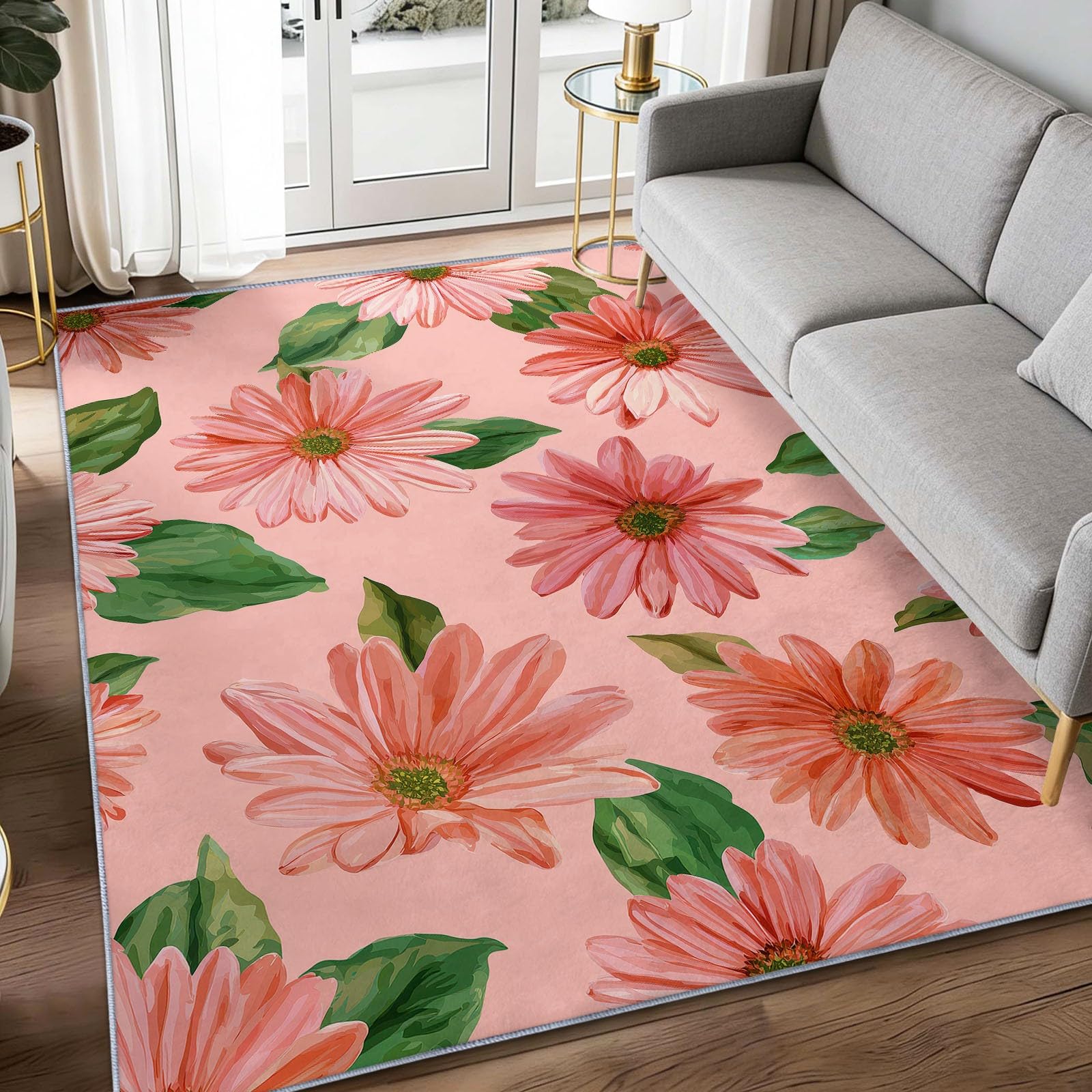Generisch Różowy dywan do salonu, 160 x 230 cm, minimalistyczny, akwarelowy, pasterski, kwiaty, z antypoślizgowym gumowym spodem, miękki dywan z krótkim włosiem, do sypialni, biura