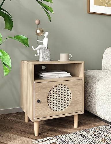 Miniatura 7 de KIETLER Mesita de noche de ratán con estación de carga, mesa auxiliar bohemia, mesa auxiliar con puertos USB y tomas de corriente, 1 almacenamiento