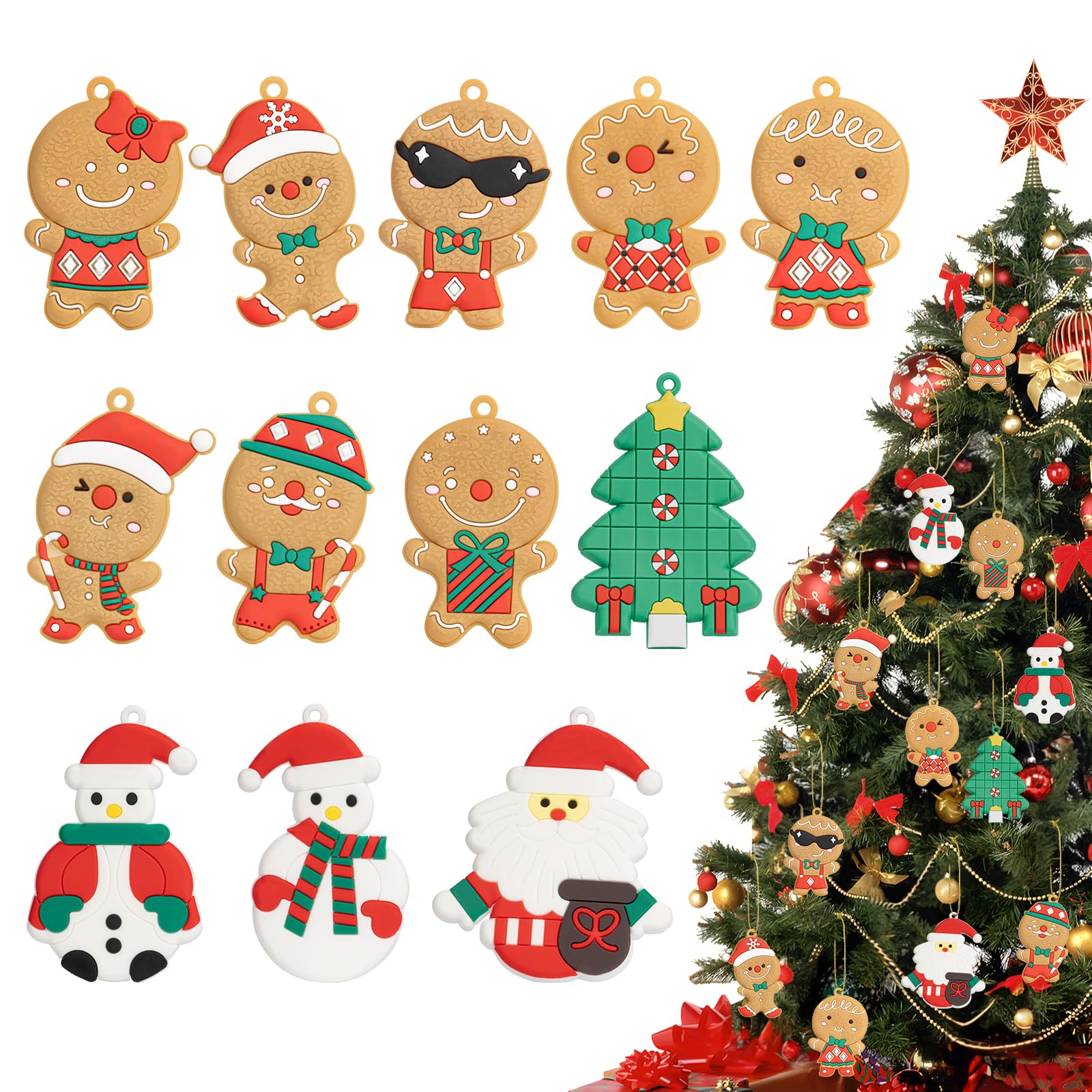 maxtachi 12 Piezas Adornos Navidad Arbol,Adornos Navidenos de Hombre de Jengibre,PVC Colgable Arbol Navidad Adornos,para Navidad decoración del Hogar,Etiquetas de Regalo