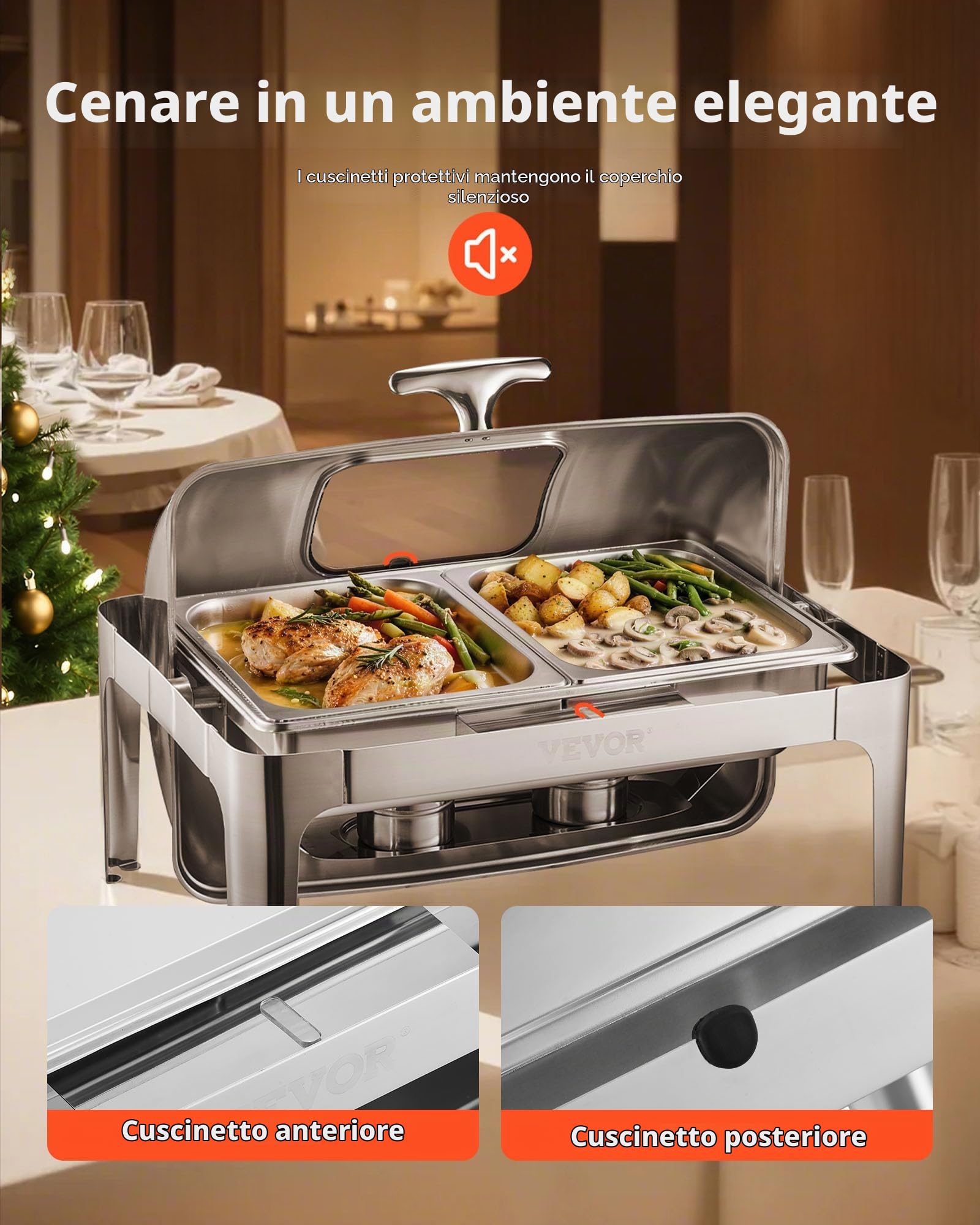 VEVOR Set di Scaldavivande 3,9 L Scaldavivande Rettangolare in Acciaio Inox, 1 Pezzo con 2 Padelle di Mezza Misura, Coperchio Visibile, Supporto Pieghevole per Padella per Acqua e Carburante, Argento