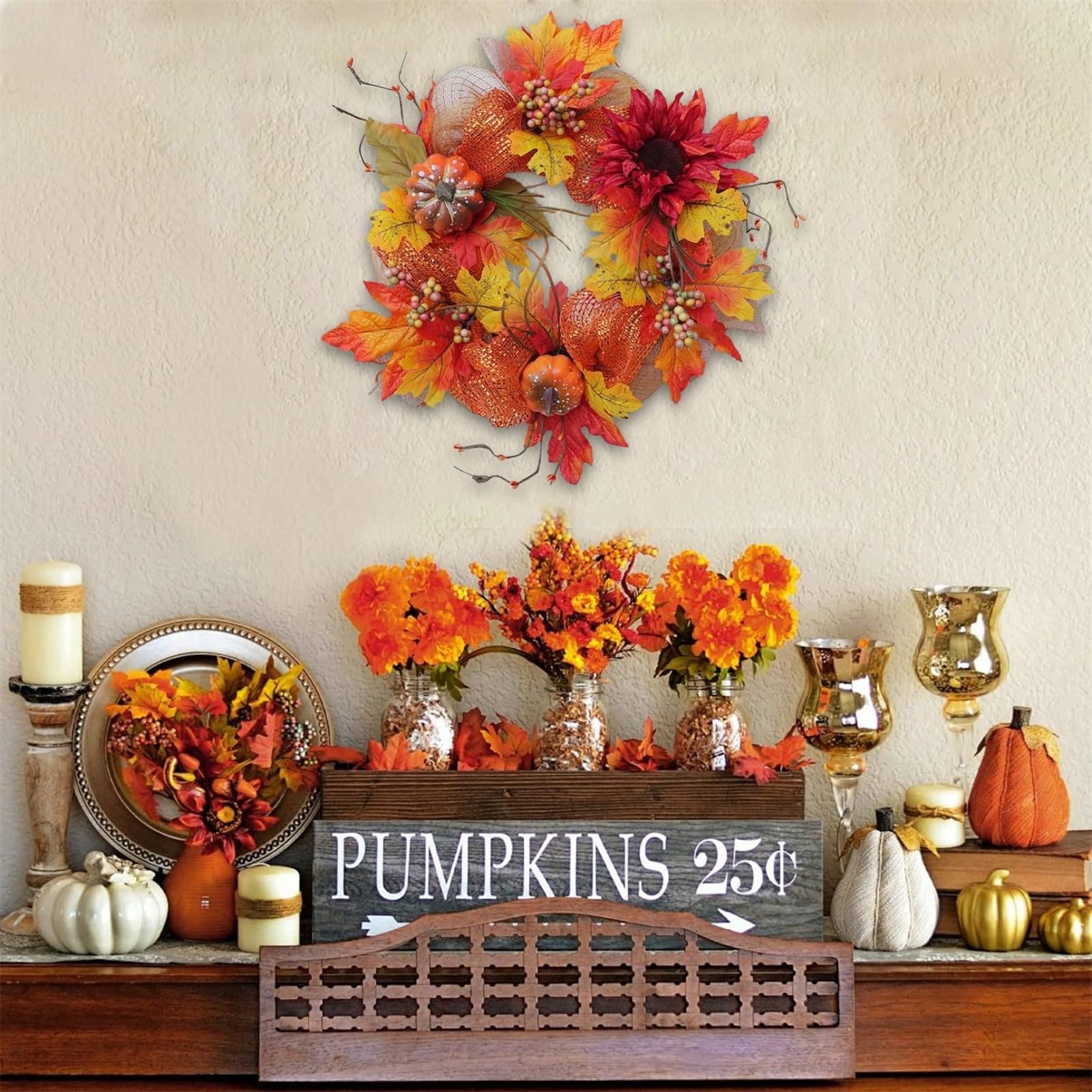 Couronne décorative, Couronne d'automne avec Feuille d'érable Couronne d'automne Porte d'entrée Couronne Feuilles d'érable d'automne Couronnes Thanksgiving Halloween Décoration Porte Ferme Thanksgiv