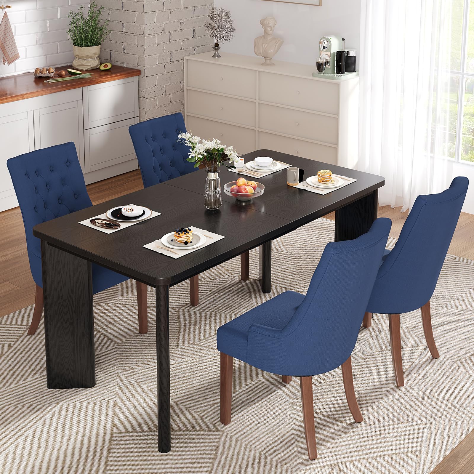 MALOL 5-Piece Rectangular Dining Table Set for 4, 63" Industrial Kitchen Table with 4 Tufted Parsons Dinner Chairs for Dining Room, Kitchen, Living Room, Black+Blue