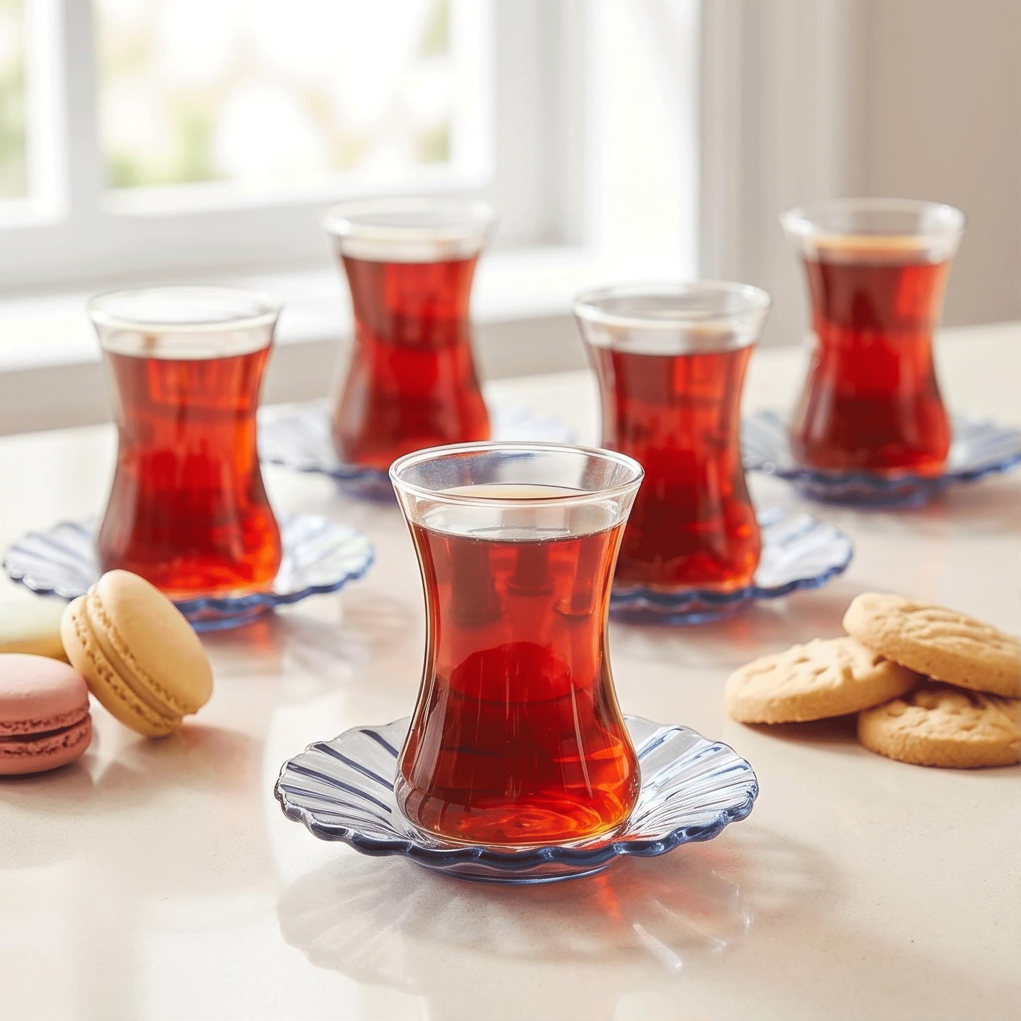 Karaca Luna 12-Piece Turkish Tea Glasses for 6 People, 130ml Glass Tea Cups with Elegant Light Blue Glass Saucers