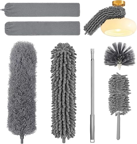 Miniatura 9 de 7 plumeros para limpieza, plumero extensible con poste de extensión de 16 a 83 pulgadas, desmontable y flexible, limpiador de cepillo de microfibra