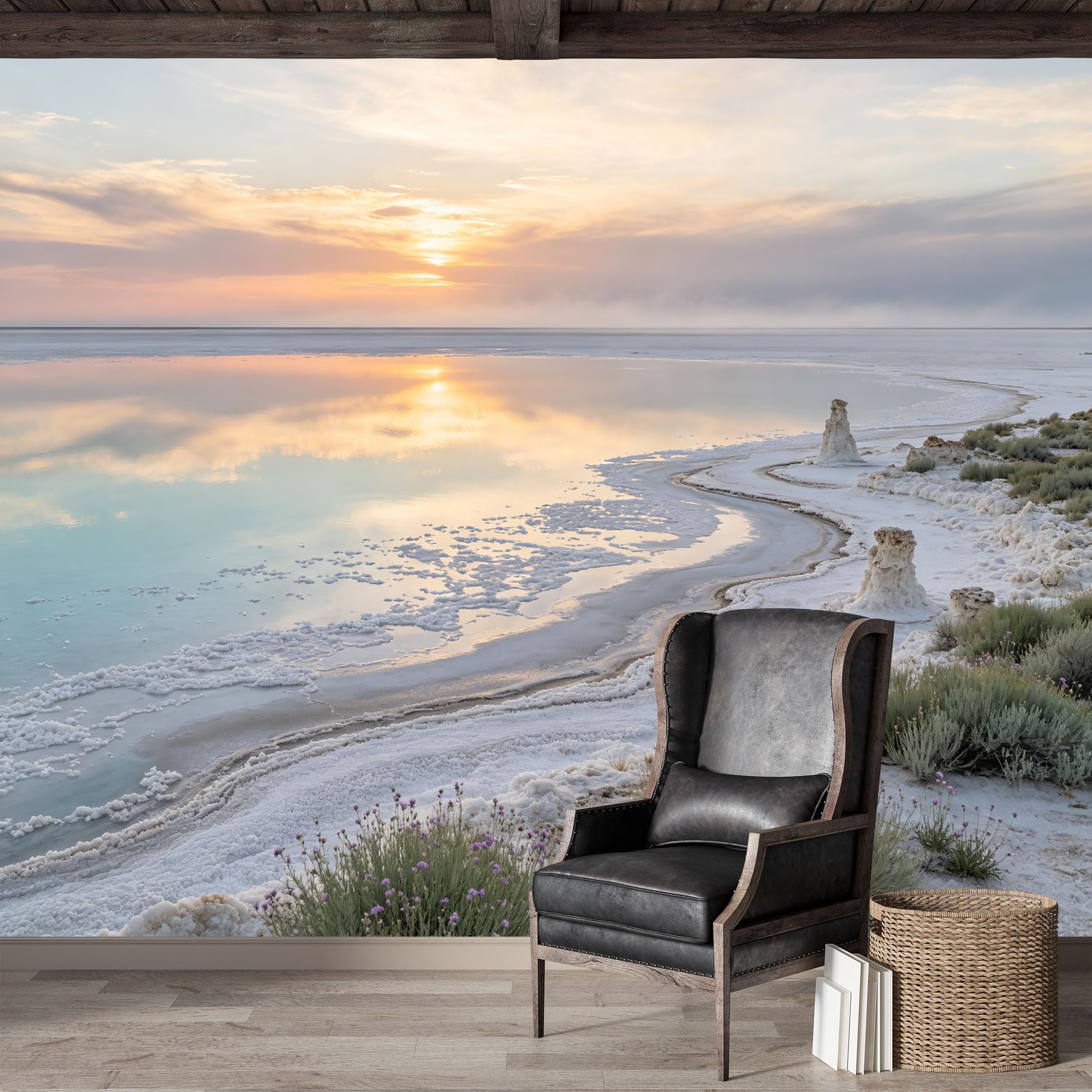 Custom Size Wall Mural,Coastal Sunset Over Salt Lake Landscape Watercolor Premium Water Activated SelfAdhesive Wallpaper,Removable Wall Covering for Indoor Home Decor
