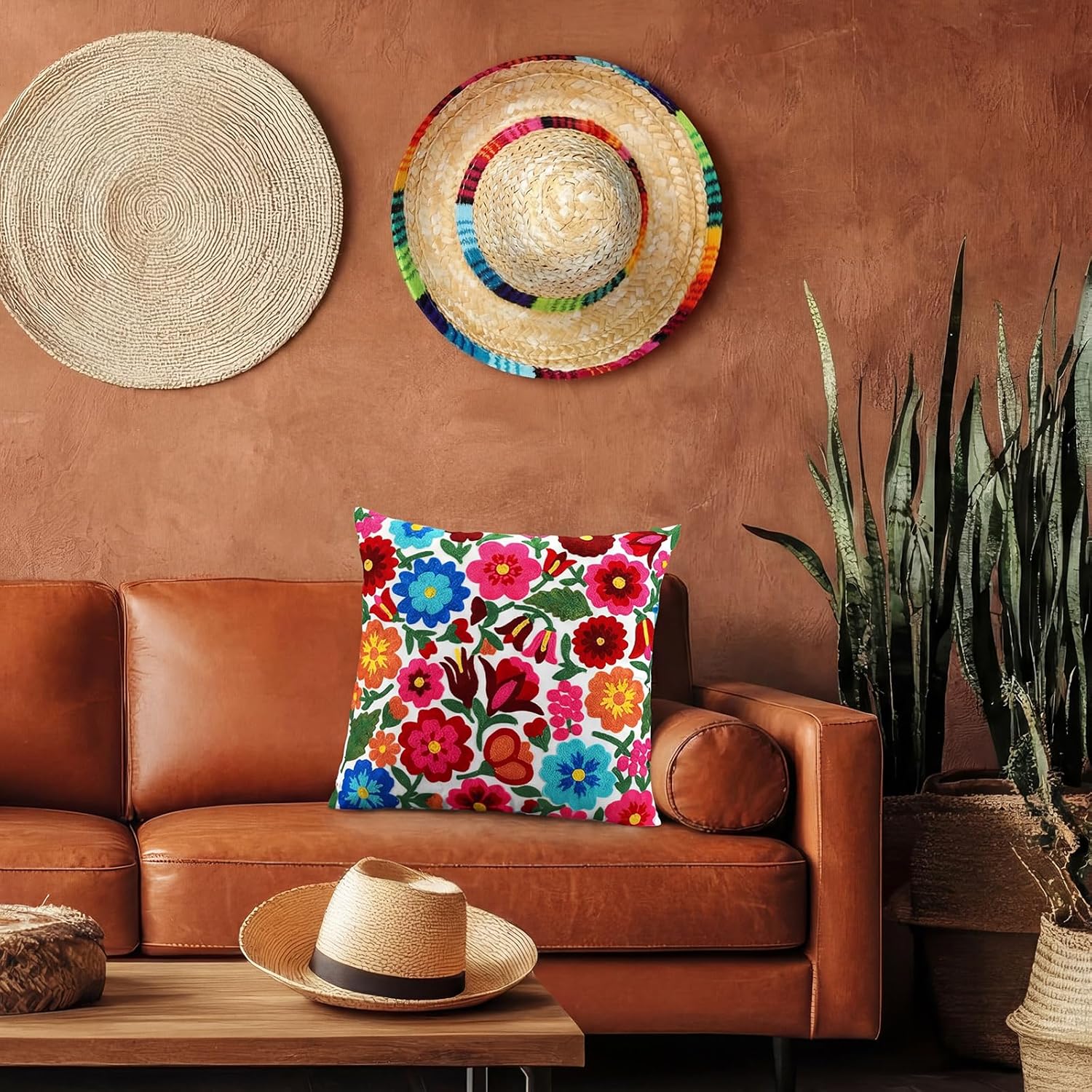 HunnmingRe Mexican Embroidered Throw Pillow with Insert 18 x 18 Inch Mexican Boho Embroidered Pillow Cover Decorative Fiesta Colorful Floral Cushion Decor for Sofa Living Room Couch Bedroom(White)