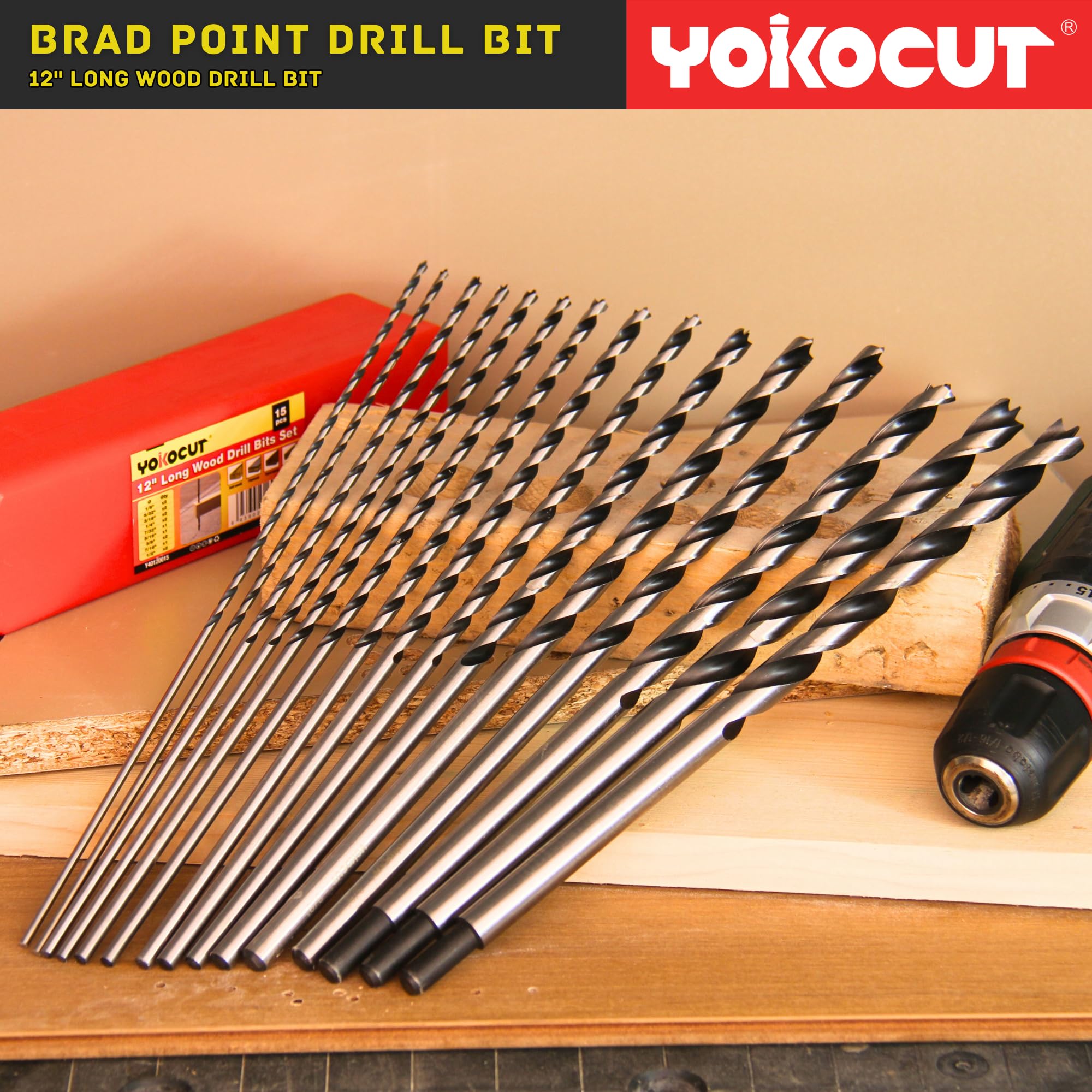 Brad Point Lot de 15 forets à bois de 30,5 cm de long, forets à pointe brasse de 0,3 cm à 1,27 cm pour le travail du bois, foret extra long pour bois dur, contreplaqué, PVC, cloison sèche, composites