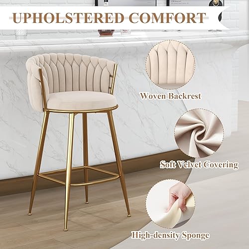 Miniatura 4 de ABET Gold - Juego de 2 taburetes de bar tejidos de terciopelo, taburetes de altura de barra con respaldo hueco, taburetes de cocina tapizados