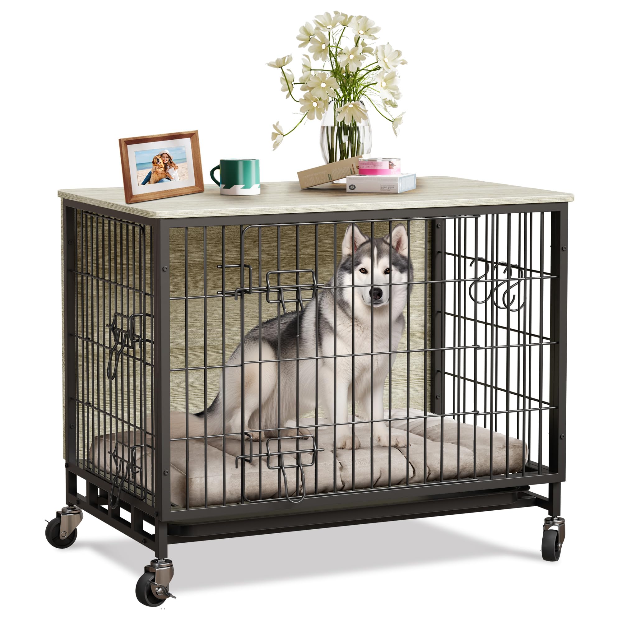 32.5" Wooden Dog Kennel with Casters and Dual Doors, Indoor Dog Crate Furniture and End Table, Upgraded Cage for Small to Medium Dogs
