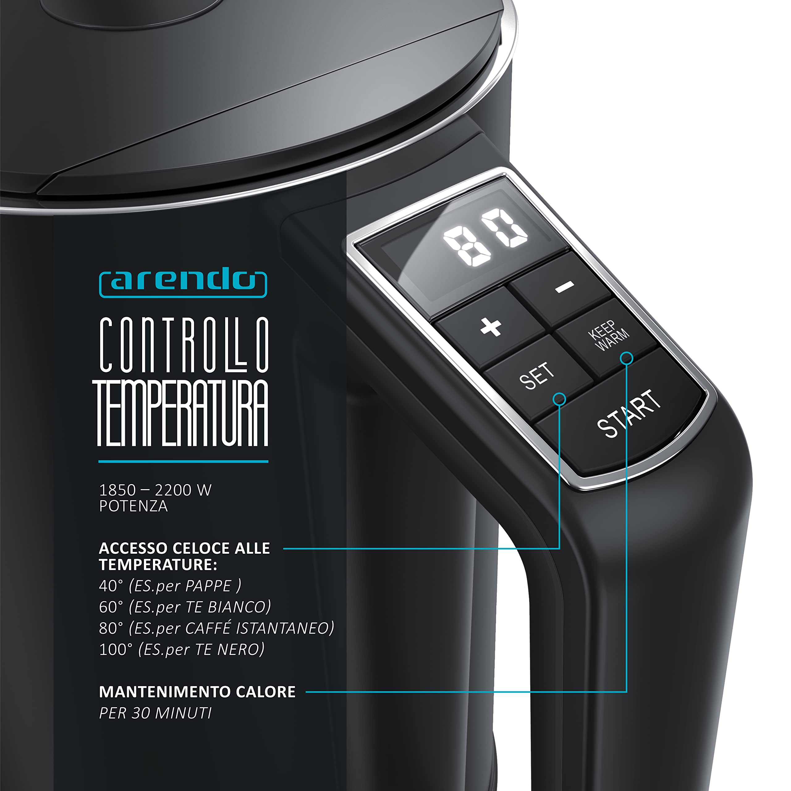 arendo - Bollitore Acqua Elettrico in Acciaio Inox - Modello Elegant - 1,5 Litri - 2200 W - Regolazidone della Temperatura da 40 a 100°C - Design a parete doppia - Nero