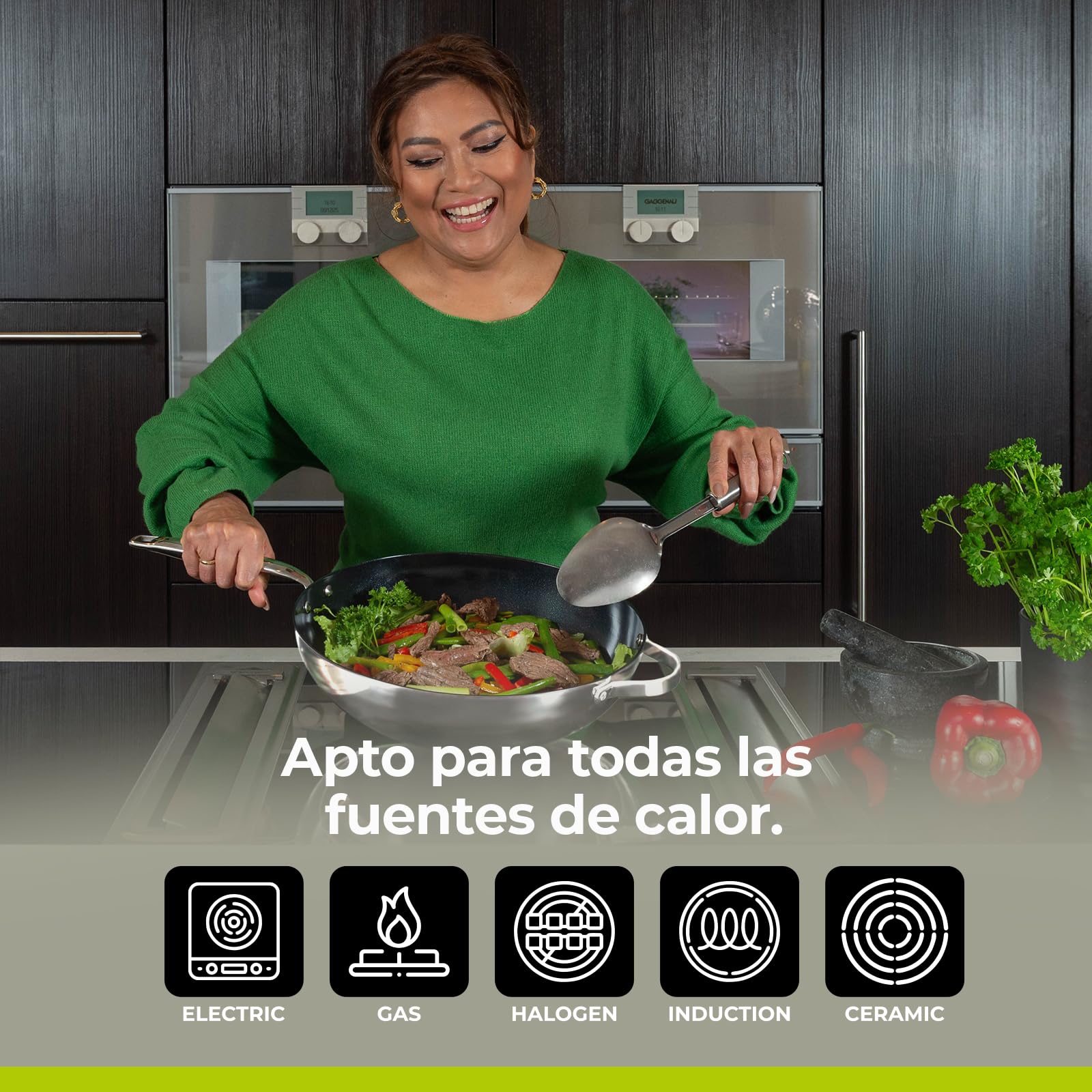 Be Living Sartén wok de acero inoxidable – Ø 32 cm – cerámica – inducción – sin PFAS, antiadherente – sartén – serie Essential