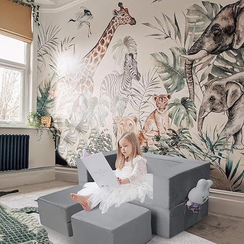Miniatura 7 de MeMoreCool Sofá modular para niños, sofá convertible suave para niños, silla de espuma de felpa plegable gris para diversión en la sala de juegos de