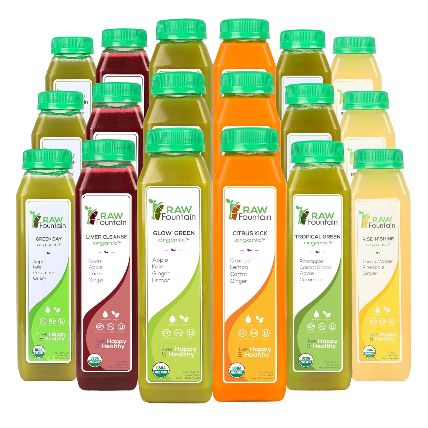 RAW Fountain 3 Day Juice Cleanse, Certified USDA Organic, All Natural Raw Detox Cleanse, Juicing for Body Reset, Cold Pressed Juice Fast, Kosher, Gluten Free, NO Added Sugar, 18 Bottles 12oz