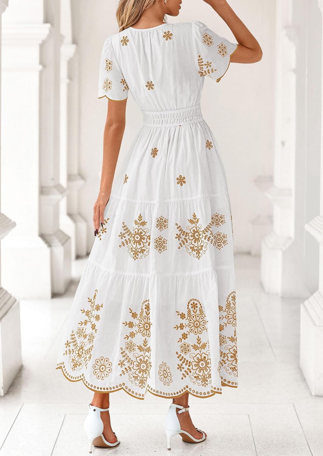 PRETTYGARDEN Boho Dresses for Women 2026 Summer Spring Casual Floral Short Sleeve V Neck Maxi Elastic Waist Dress Pockets