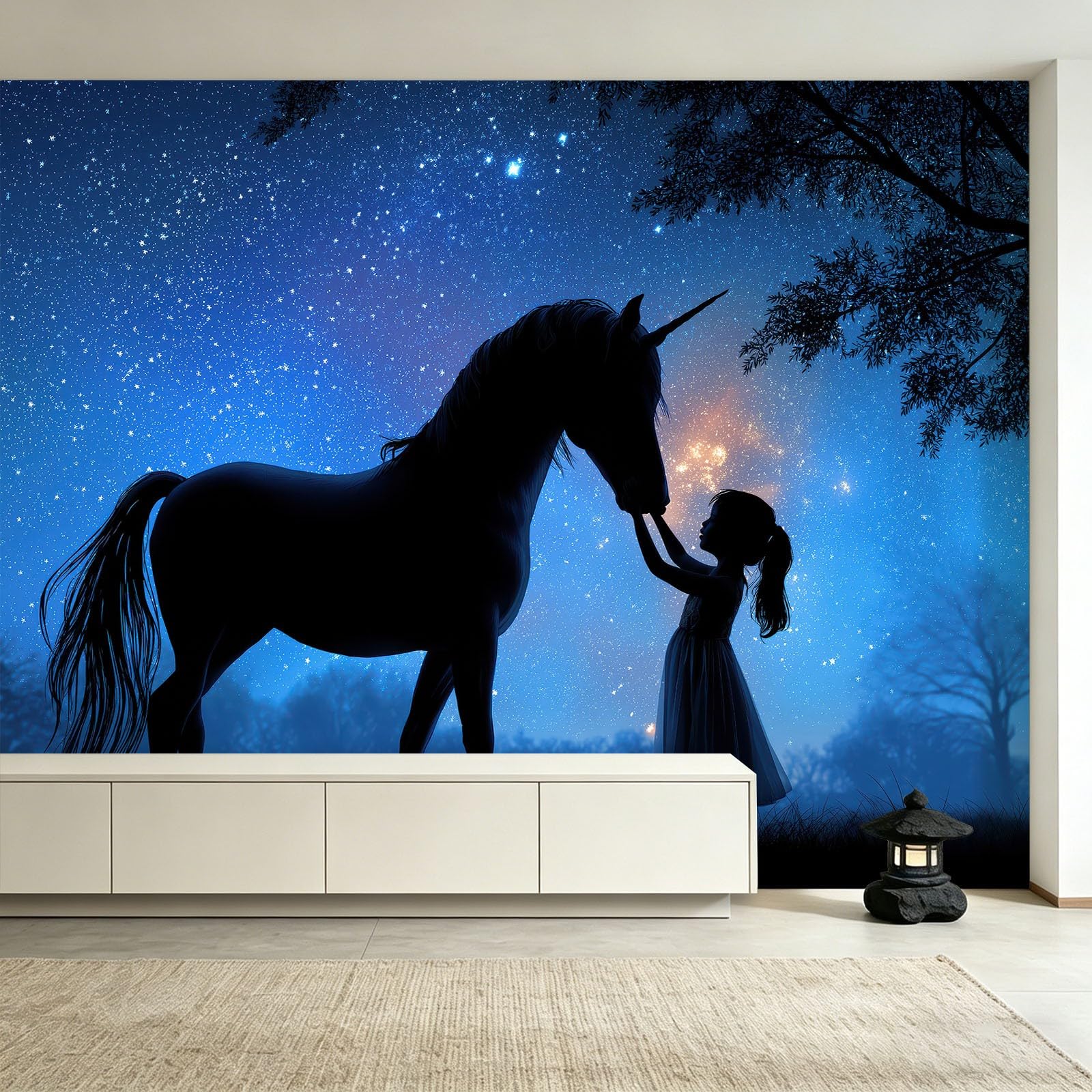Générique Panoramiczna tapeta w kształcie gwieździstego lasu, tapeta z włókniny do pokoju dziecięcego i salonu, 350 x 256 cm zwierzęcy jednorożec dziewczyna łąka dekoracja ścienna XXL