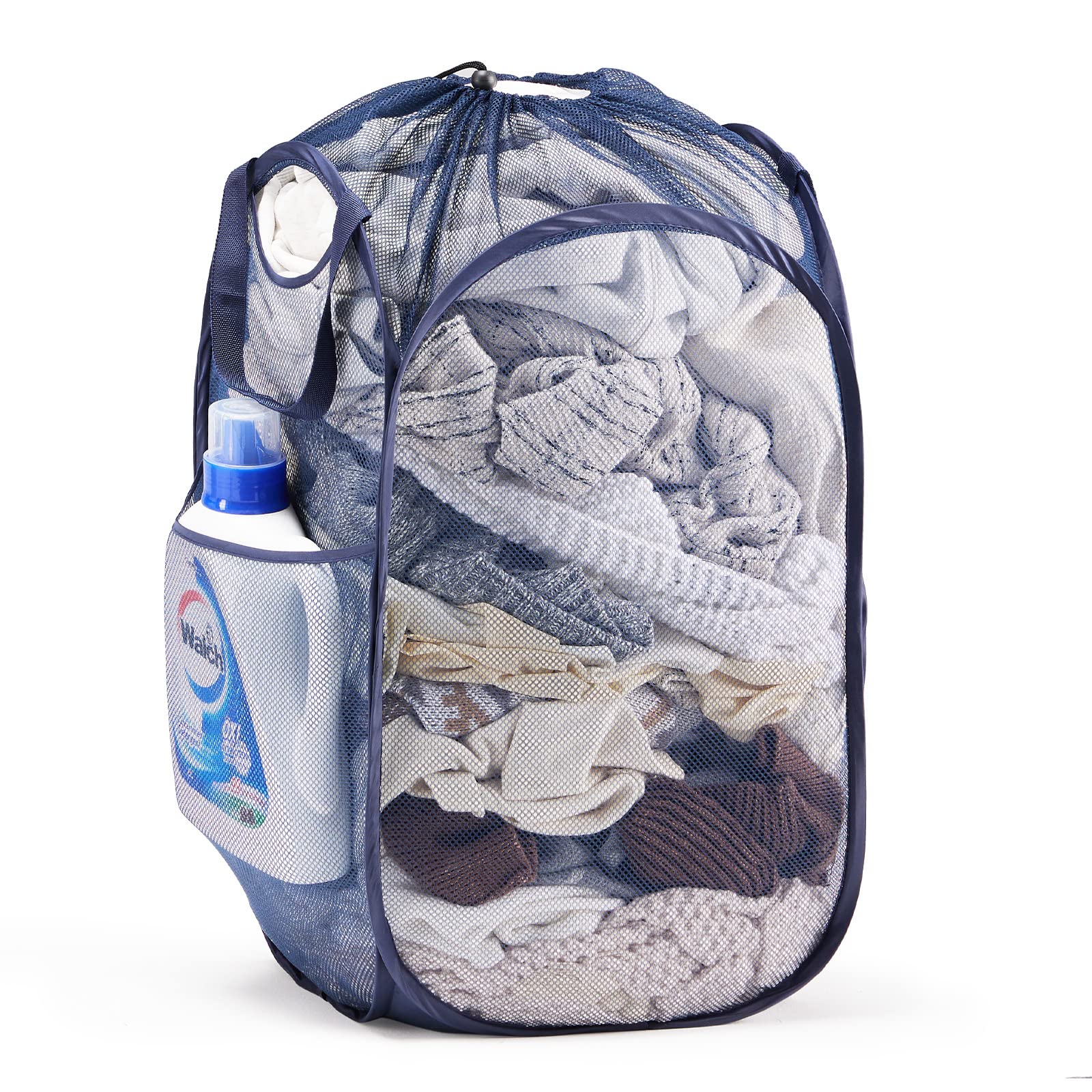TECHMILLY Collapsible Mesh Pop Up Laundry Hamper with Sturdy Handles and Side Pocket - Portable Foldable Clothes Baskets for Dorm, Bathroom &amp; Travel Storage (with Drawstring, Blue)