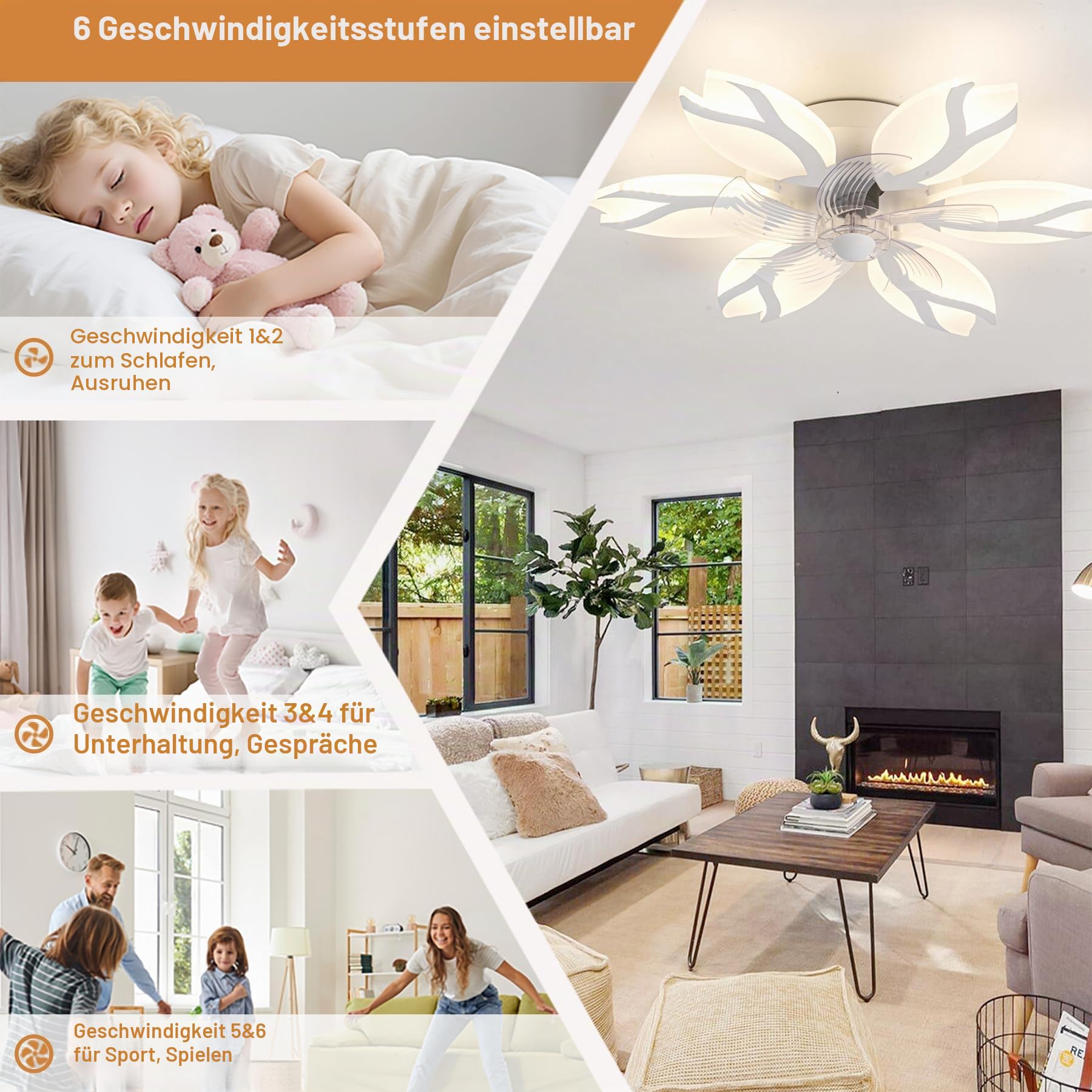 64W Blume Deckenventilator Mit Beleuchtung Und App, Dimmbar LED Deckenlampe Mit Ventilator Für Schlafzimmer Und Wohnzimmer, 6 Gang, Reversibel, Leise Lampe Ventilator, Weiß