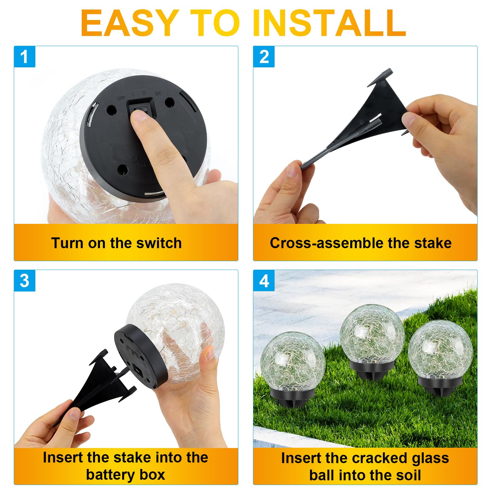 Luci solari da giardino a 4 sfere, 2 modalità di illuminazione, 11,9 cm, in vetro incrinato, 30 LED, impermeabili, per patio, cortile, portico, decorazione da giardino per esterni (bianco caldo,