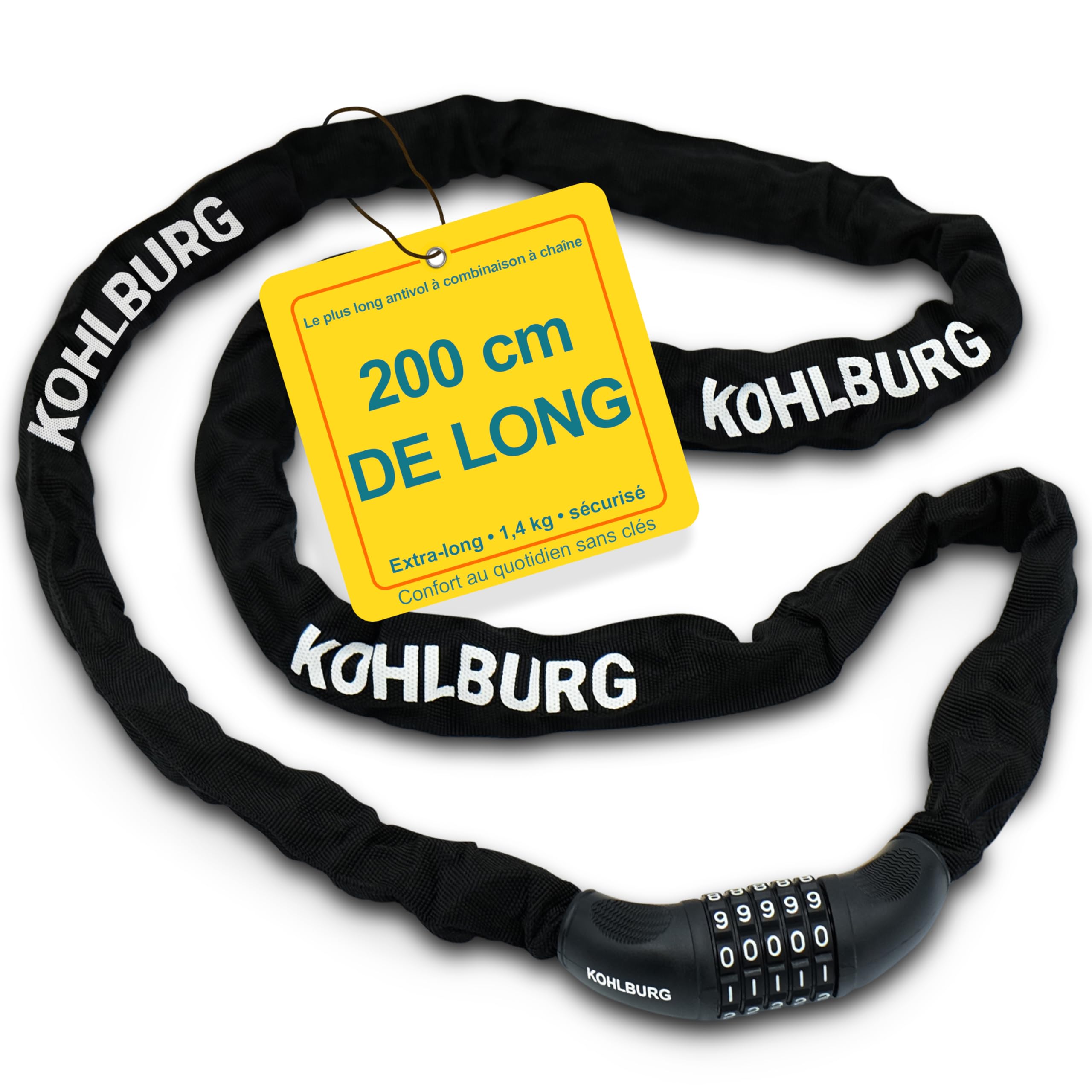 KOHLBURG Serrure à combinaison 200 cm extra‑longue – Antivol vélo à chaîne | Anti vol avec code & acier spécial 6 mm – Chaine antivol 2 m – Combinaison de chiffres pour vélo & trottinette électrique
