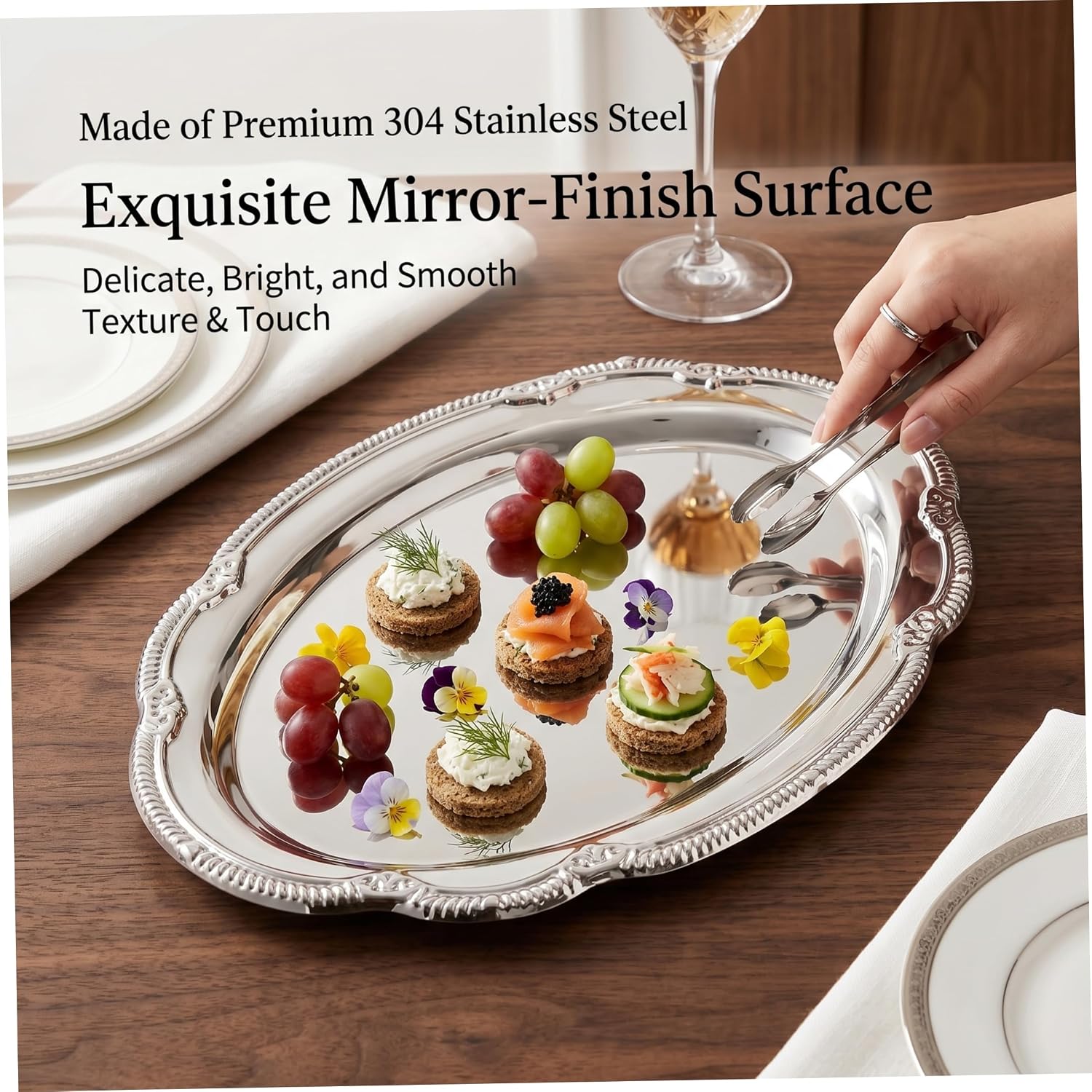 Silver Serving Tray, Stainless Steel Decorative Tray French Style Mirror Finish Oval for Jewelry Storage & Serving, Silver, L image 3