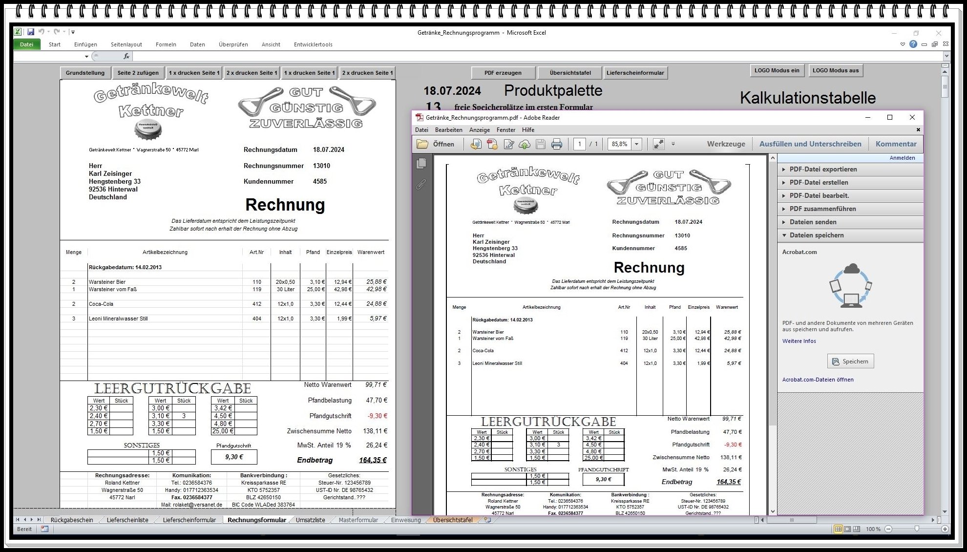 Rechnungsprogramm Rechnungssoftware Getränkehandel Trinkhalle Getränkemarkt Getränke. Fakturierungssoftware mit Lieferschein und Pfandschein