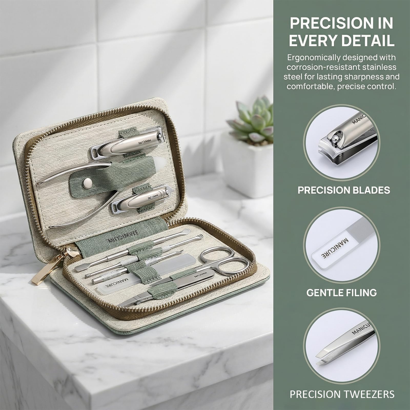 Set de Manicura 9 Piezas, Kit de Pedicura de Acero Inoxidable con Estuche, Set Profesional para el Cuidado de las Uñas con Cortaúñas, Tijeras, Lima de Vidrio para Uso Doméstico y Viajes
