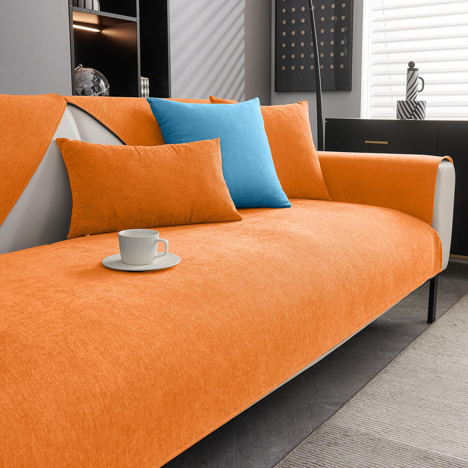 CJJZFO Sofa Überzug Weiche Chenille Sofabezug: Hund Katze Sofaschoner Anti Rutsch Vintage Couch Überzug für U Form L Form Sektionssofa für 1 2 3 4 Sitzer Sofa (Orange Farbe, 110 * 240cm)