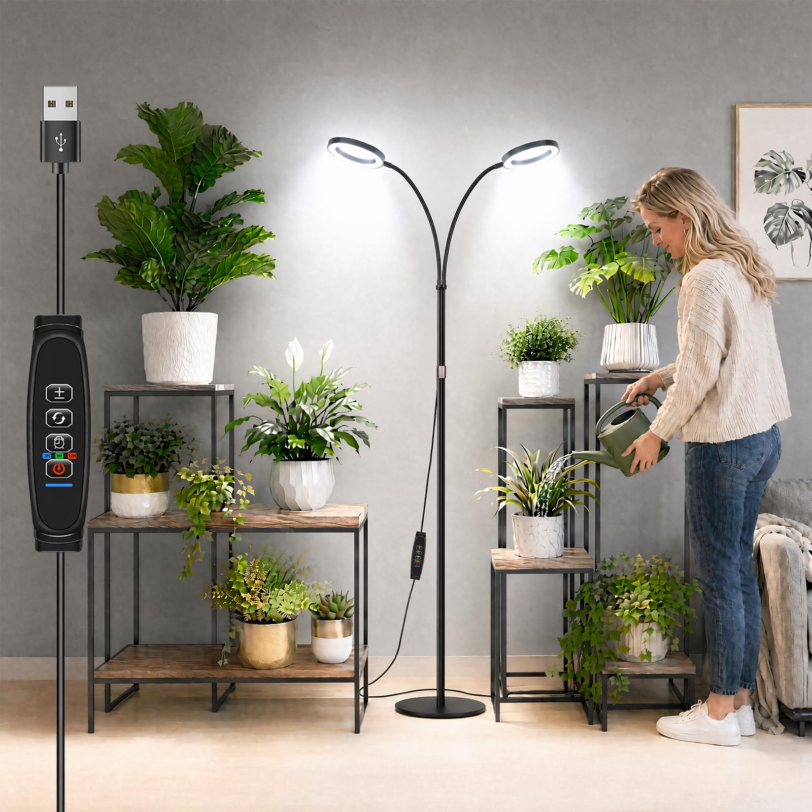 Full Spectrum LED Floor Grow Light for Indoor Plants, Adjustable 23''-67'' Stand Plant Lamp, 3 Light Modes, 5 Brightness Levels, Auto Timer 3/6/12H for Large Indoor Houseplants