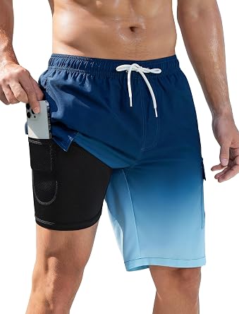 SILKWORLD Mens Swim Trunks with Compression Liner Quick Dry Bathing Suits | 9 Inch, 5 Pockts, Deep Cargo & Side Pocket, 2 in 1, Dry Fast, Swimming Shorts,Beach, Pool, Water Sprots, Cruise, Beach