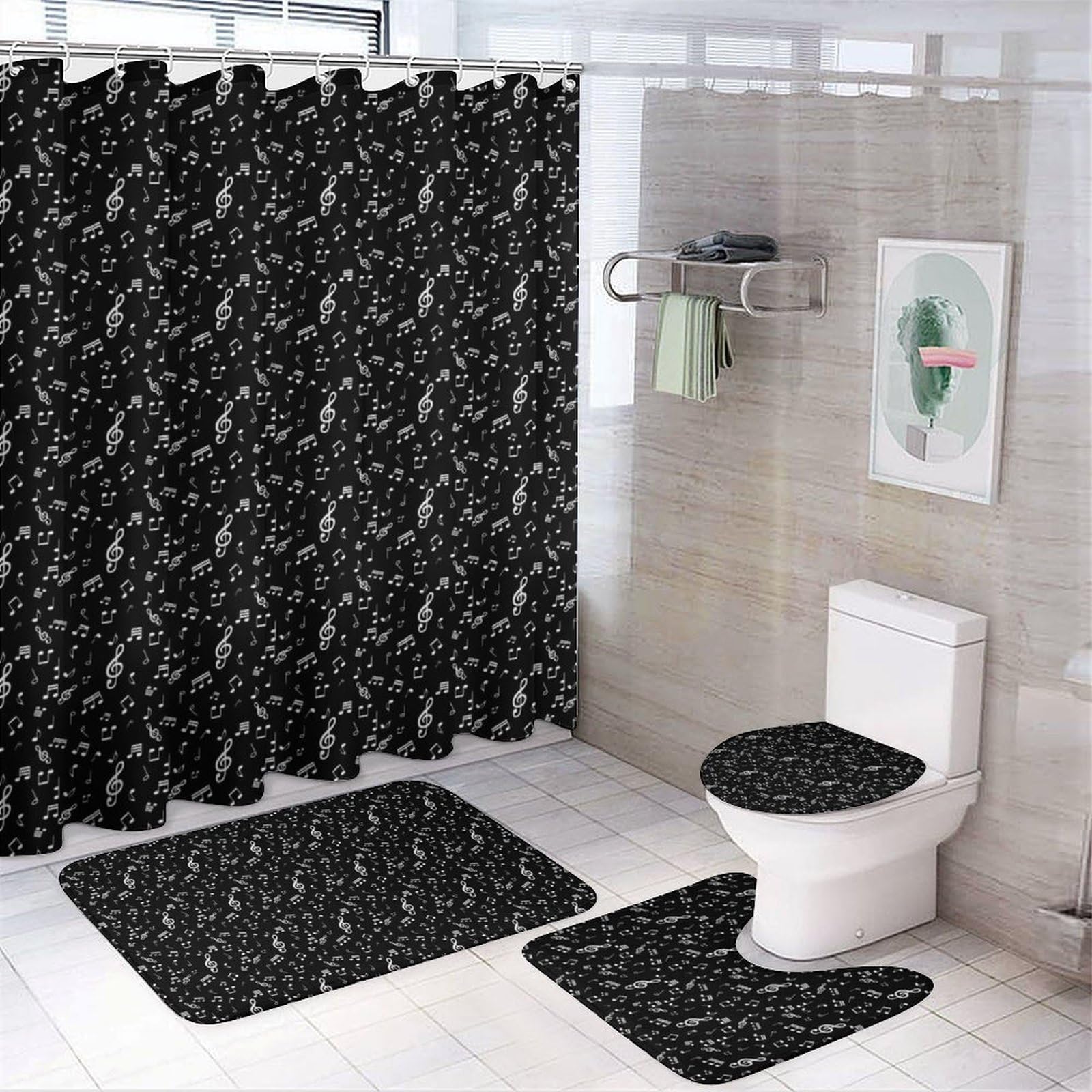 JZemdybill Bathroom Mat Set 4 Piece, Music Note Shower Curtain with Non-Slip Bath Mats for Bathroom