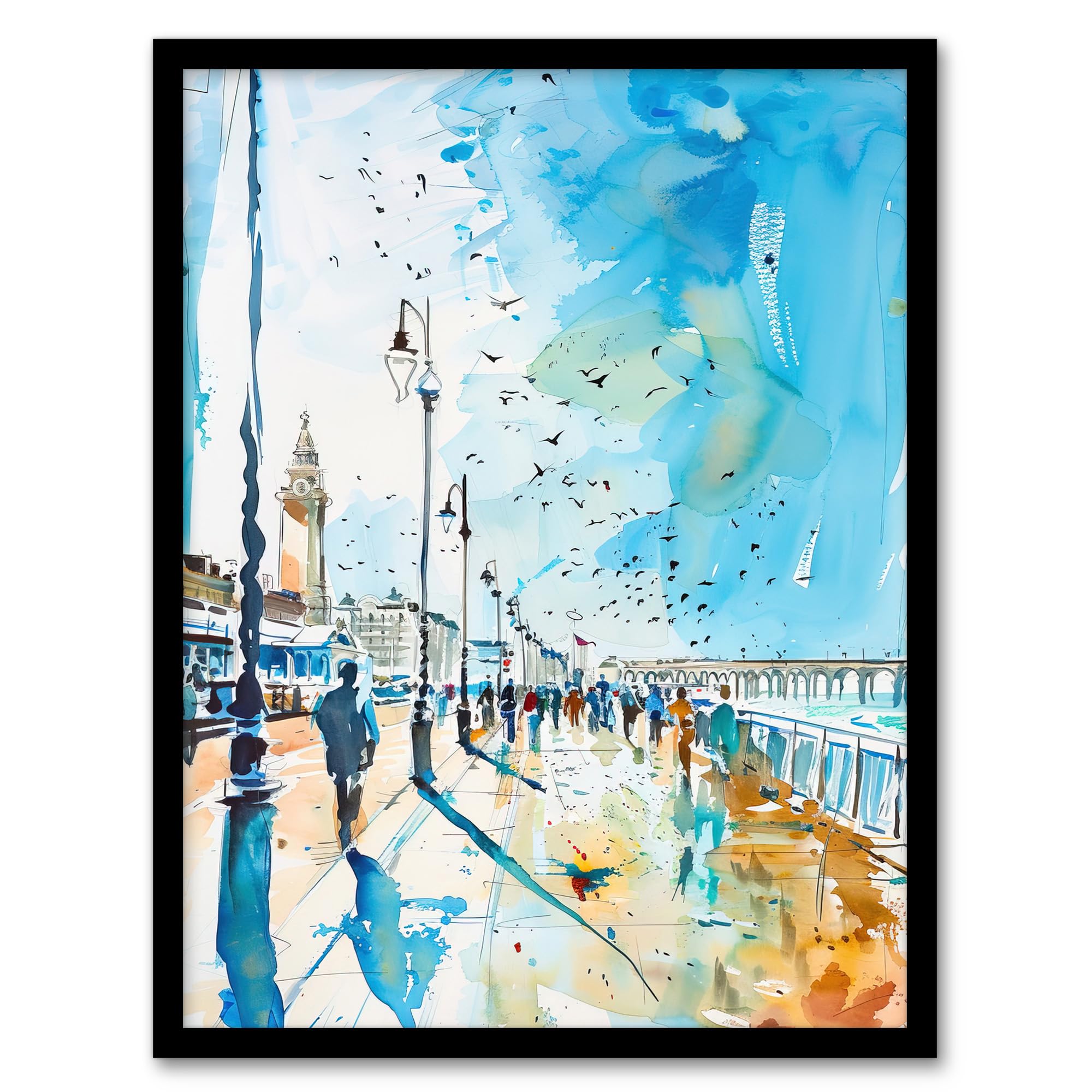 Artery8 Walk on the Promenade Watercolour Painting Living Room Artwork Framed Wall Art Print A4