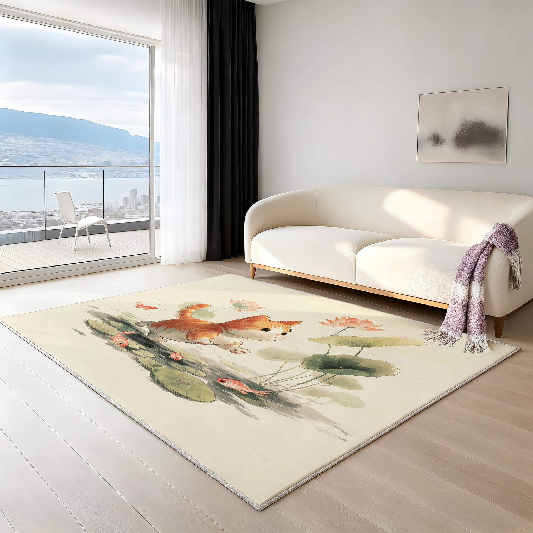 Générique Tapis Imprimé Encre De Chine pour Salon Chambre Décoration de la Maison Doux Lavable Chambre d'enfants Tapis de Sol de Jeu, Chat Étang Lotus Motif (Beige Clair 60 x 90 cm)