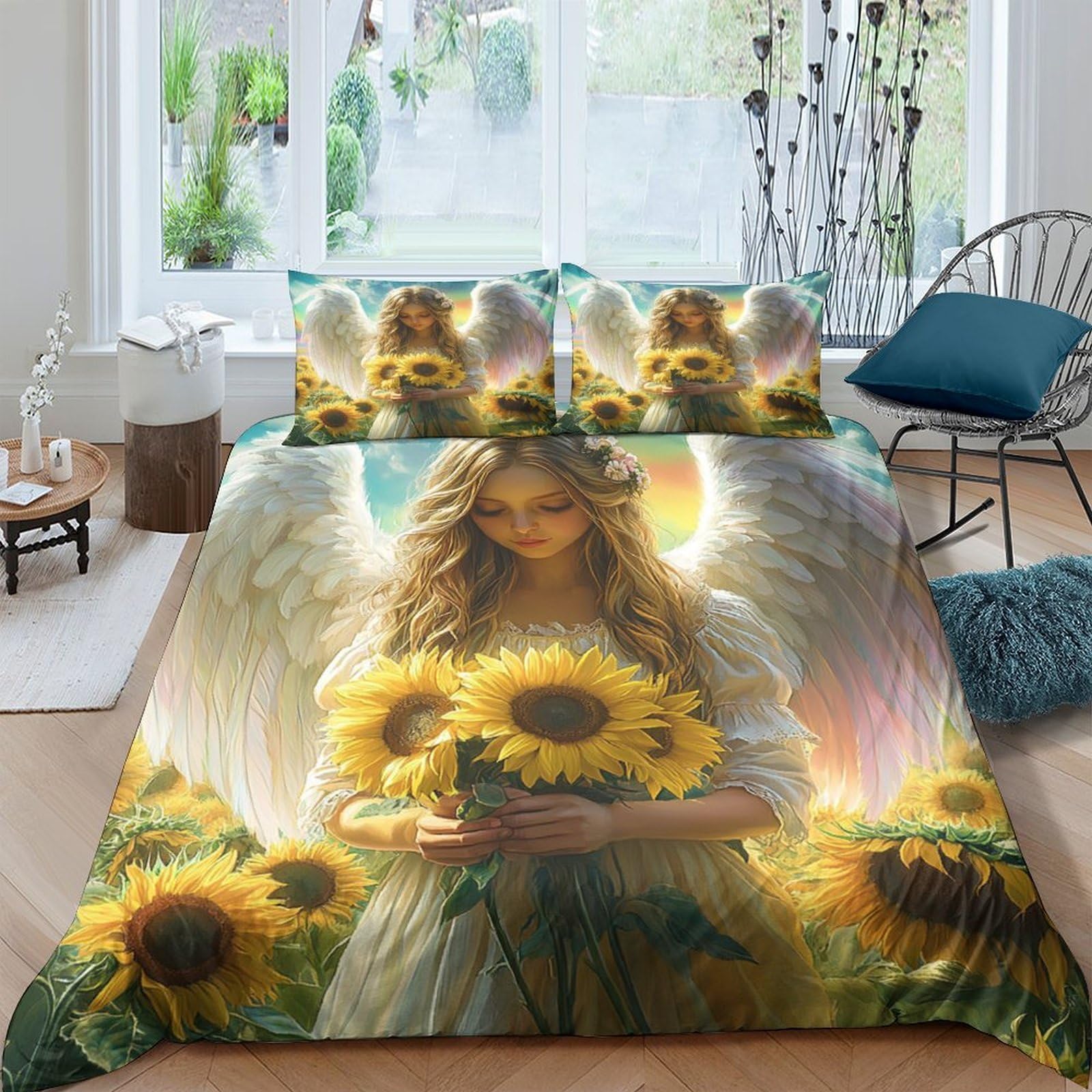 Ctjqhvkz Style-5 3D Printed Sunflower Angel Fitted Sheet Microfiber Soft Easy Care Bedroom Bed Cover Dorm Decor Mattress Protection Single（135X200cm）