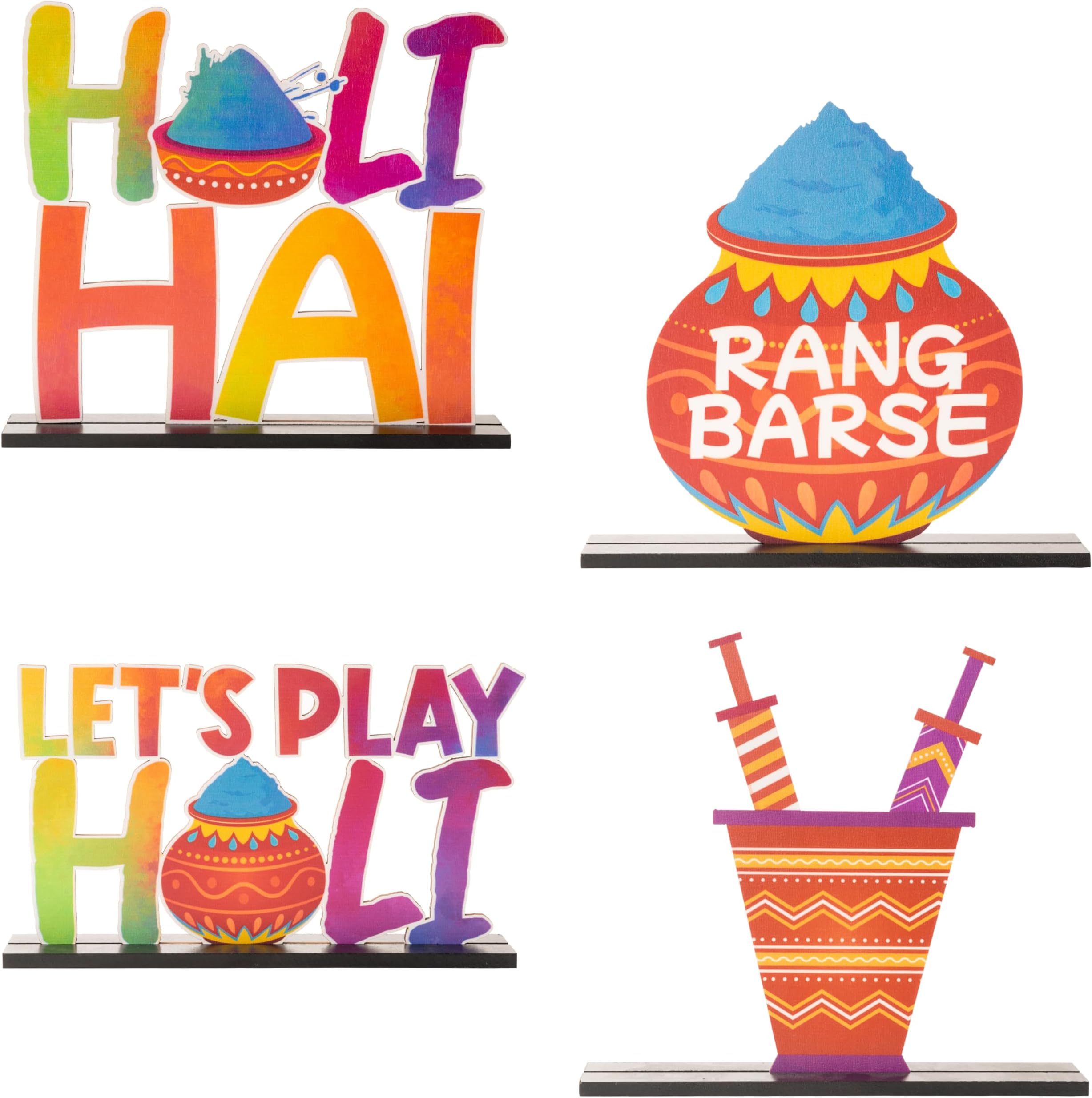 CNhoqc Holi Hai Table Centerpiece - 4pcs Happy Holi Day Festival Table Topper Centerpiece Letter Sign Decorations Colorful Detachable Gifts Mubarak Festival Tabletopper Mantel Shelf Decor Carnival