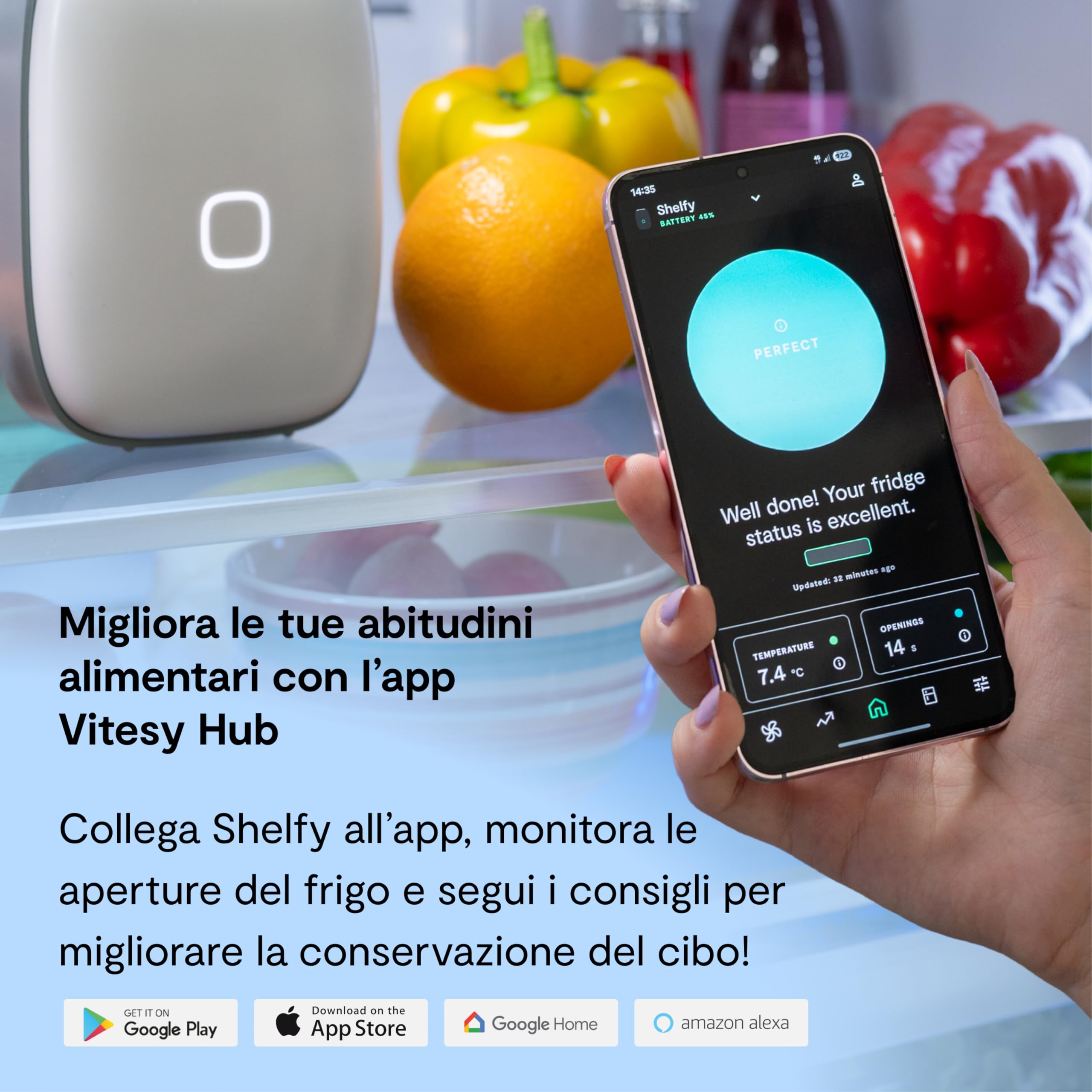 VITESY SHELFY NUOVO Smart Device per Frigorifero | Estende Freschezza Cibo e Riduce Spreco Alimentare | Rimuove Cattivi Odori | Tecnologia IoT | Filtro Fotocatalitico (Bianco Nuovo)