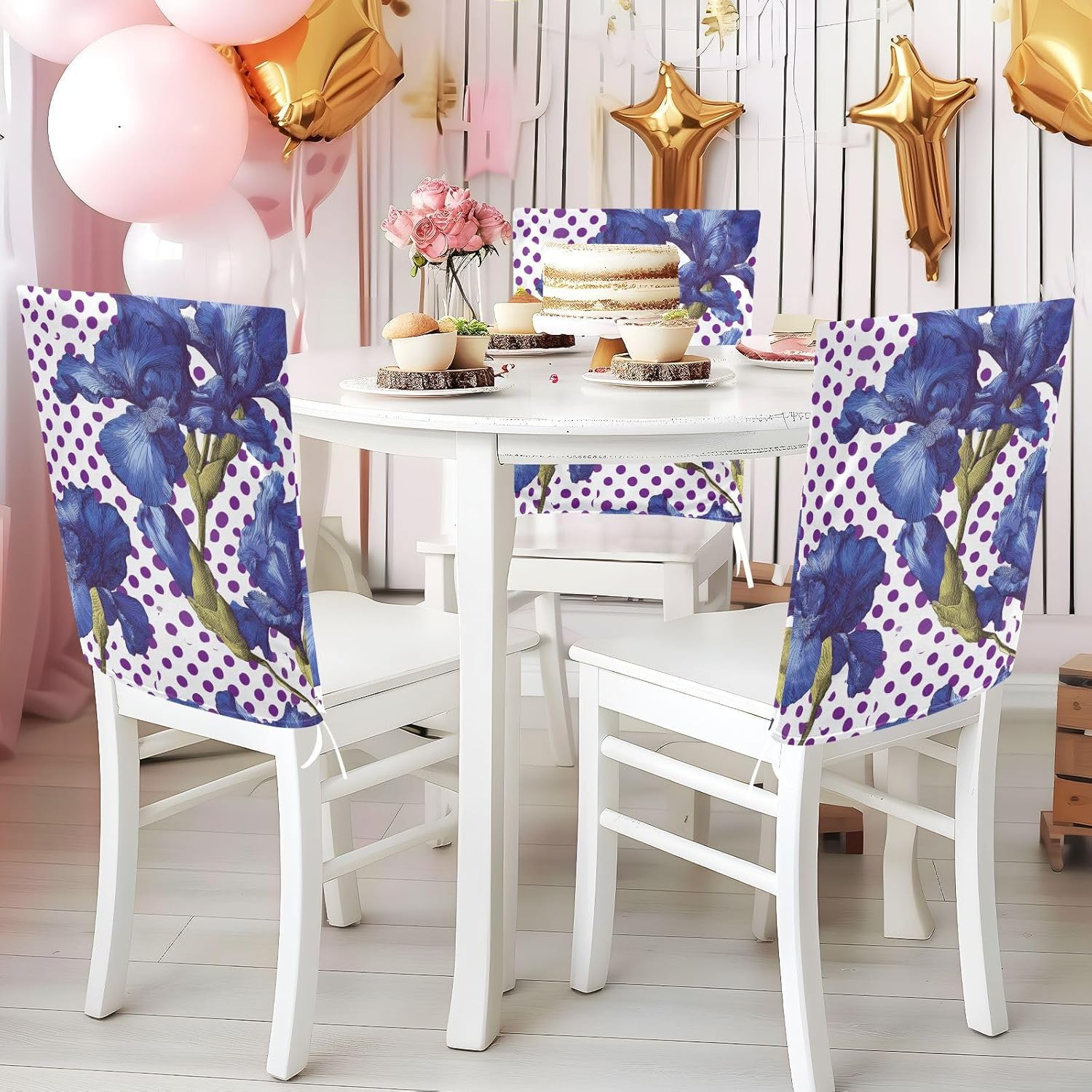 ALAZA Iris Flowers Polka Dots Chair Back Cover Set of 6, Washable Reusable Removable Chair Slipcovers Decorative Chair Cover for Home Kitchen Wedding Party