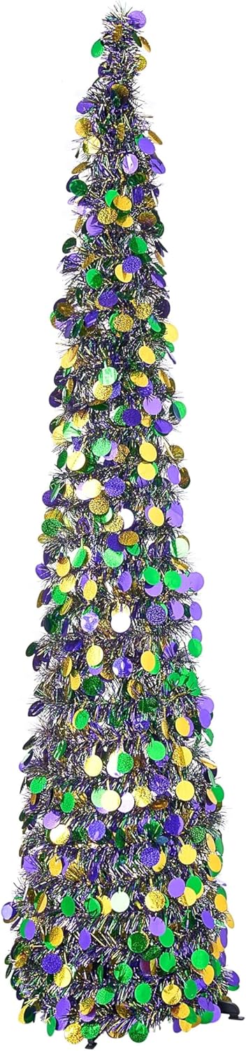 Mardi Gras 5 Foot Collapsible Tinsel Tree, Purple Green Gold, Pop Up Pencil Slim Design for Indoor Outdoor Party Decoration Porch
