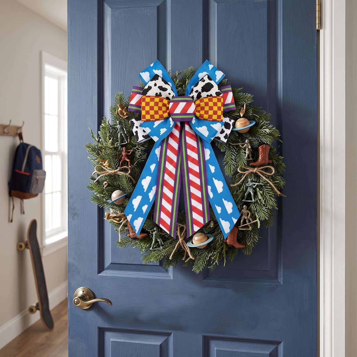 Large Cartoon Story Bow for Wreath,Cow Print Checkered Cloud Wreath Bow for Front Door Toy Themed Birthday Party Home Indoor Outdoor Wall Decoration
