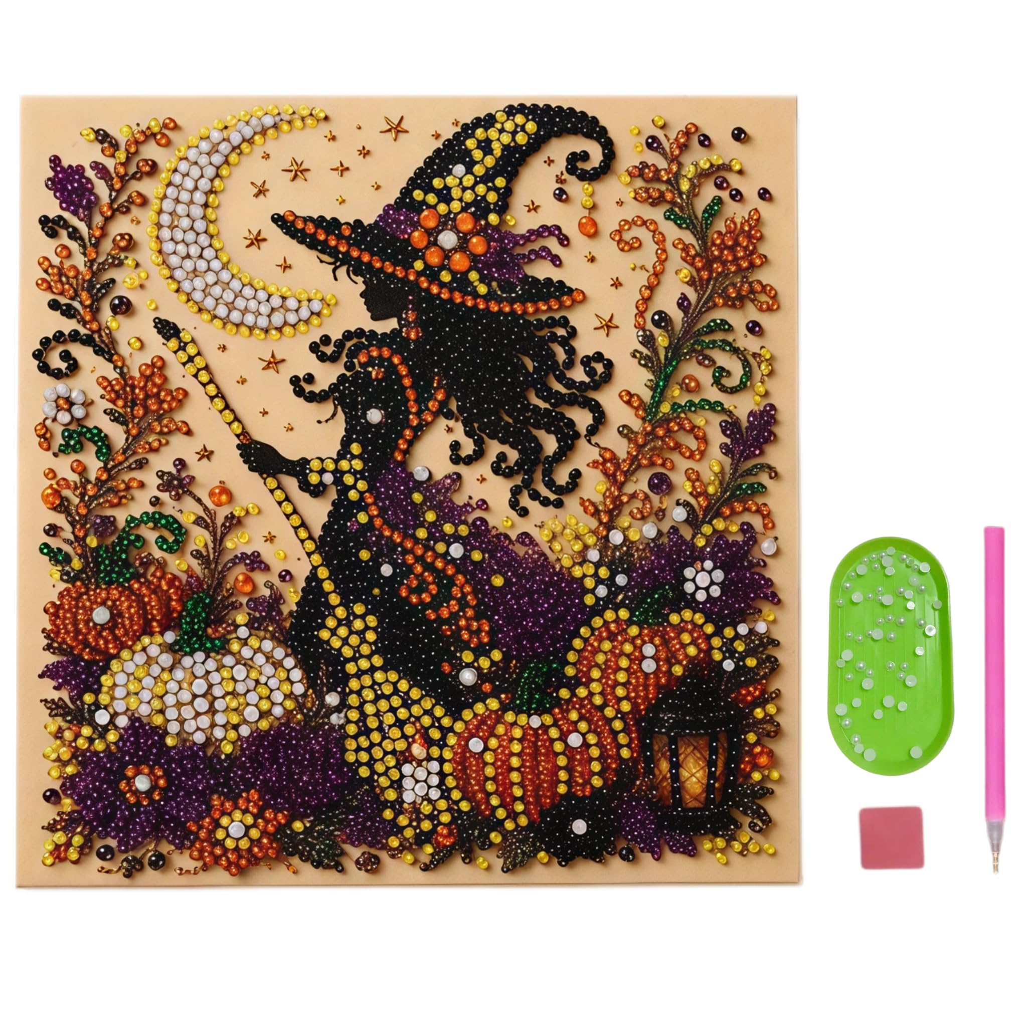 Pearl Art Kits for Adults, Halloween Witch 20x20cm Small Diamond Art Kits for Adults: Canvas Crafts & DIY Accessories, Beginner Friendly Autumn Wall Art, Halloween Decor Ornaments for Indoor, DIY Gift