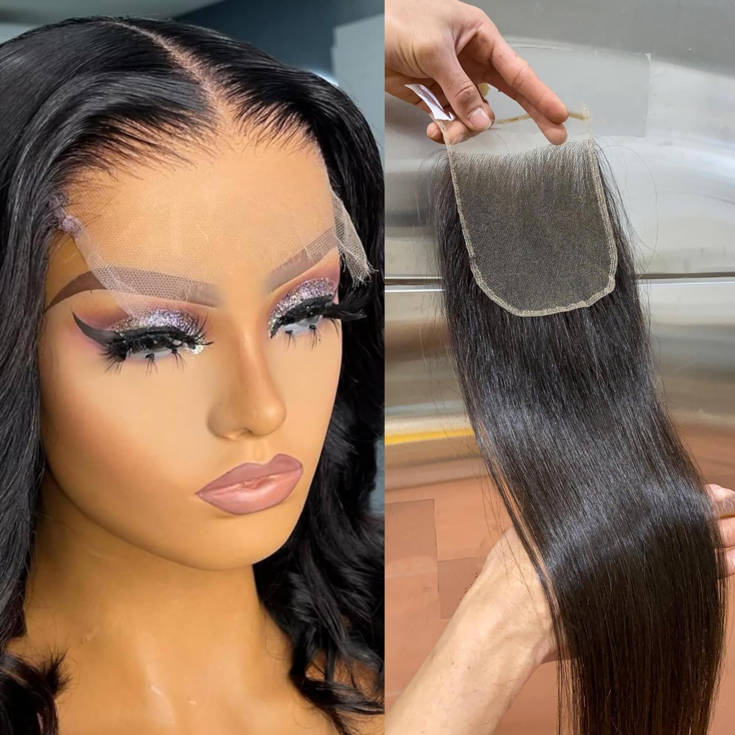 Aorbige5x5 HD Swiss Lace Melt Skin Lace Closure Long Deep Parting Raw Hair Materials Straight Style Much Fuller with Natural Hair Line Human Hair Natural Black Color (12inch, HD 5x5 lace closure)