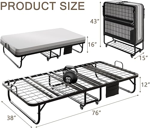 Vista 3 de Cama plegable con colchón, marco de cama plegable enrollable de 76 x 38 pulgadas con estante de almacenamiento y bolsillo lateral, cama de invitados