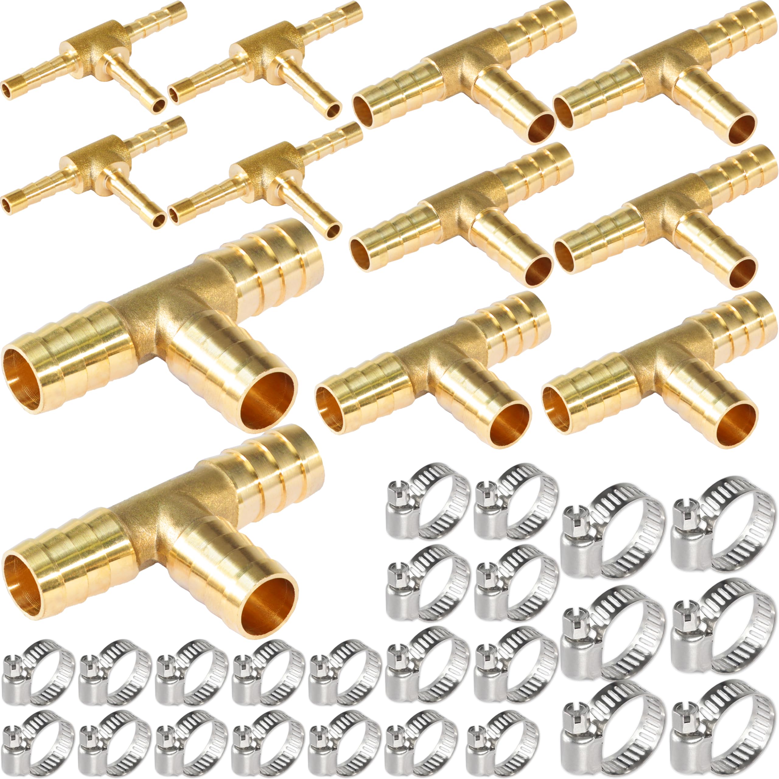 MSAEIQUN Brass Hose Tee Shaped 3 Way Barb Fitting 5/32" 3/16" 1/4" 5/16" 3/8" 1/2" Splicer Mender Assortment Kits with Stainless Steel Pipe Clamps air