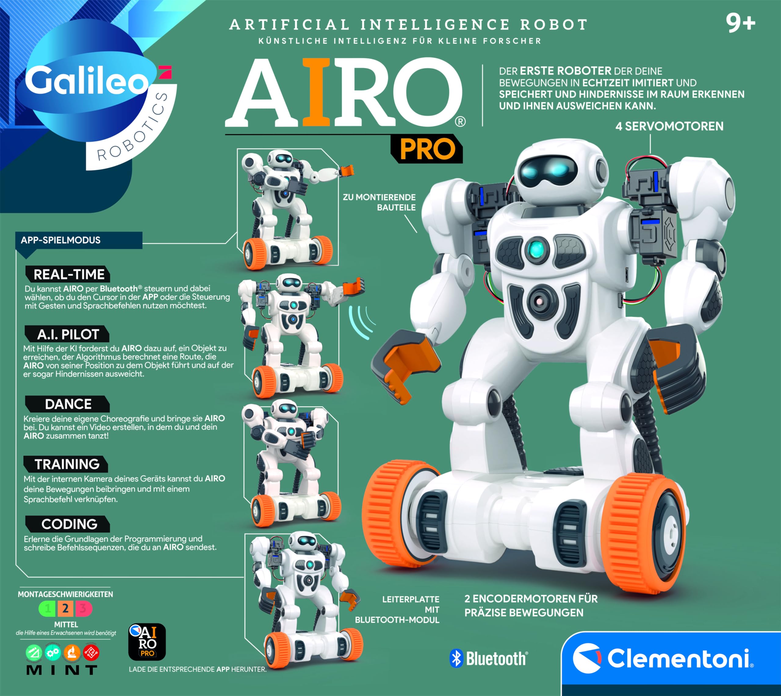 Clementoni AIRO Artificial Intelligence Robot 2.0 - Robot intelligente con riconoscimento vocale e gesto, 6 motori e controllo app Bluetooth, giocattolo per programmazione e apprendimento per bambini