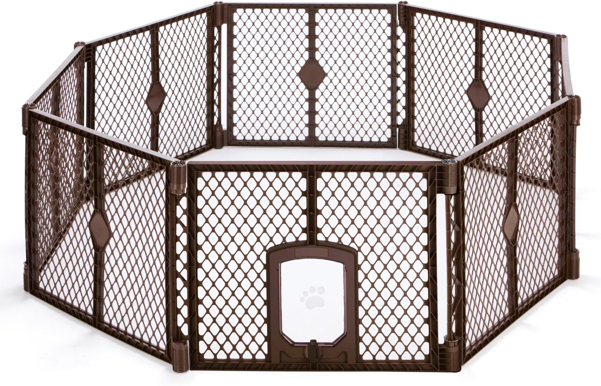 MyPet 8-Panel Petyard Passage: 6.5 ft. Wide 26 in. Tall Brown Freestanding Customizable Folding Pet Enclosure with Lockable Pet Door; Indoor/Outdoor Puppy Playpen Made in USA