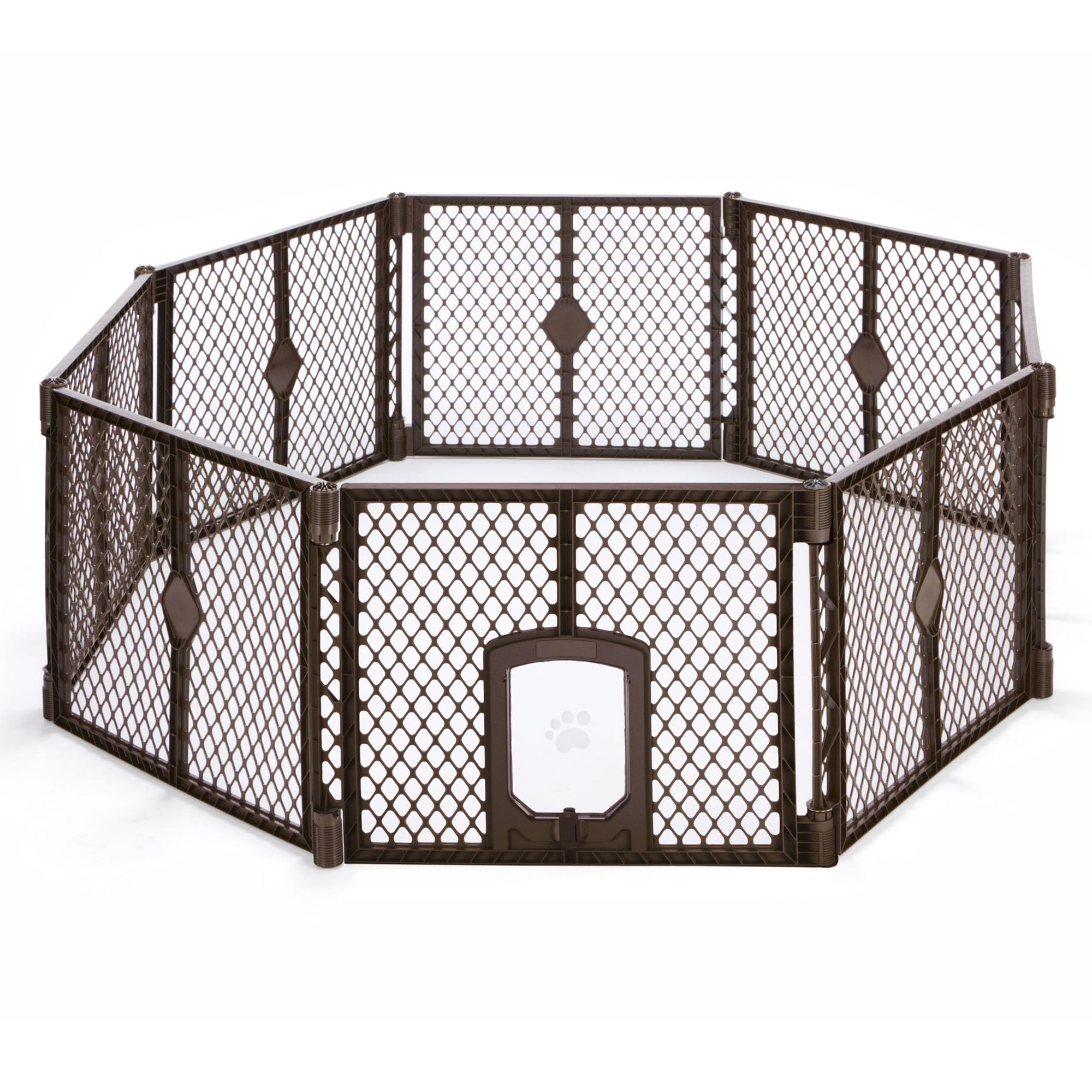 MyPet 8-Panel Petyard Passage: 6.5 ft. Wide 26 in. Tall Brown Freestanding Customizable Folding Pet Enclosure with Lockable Pet Door; Indoor/Outdoor Puppy Playpen Made in USA