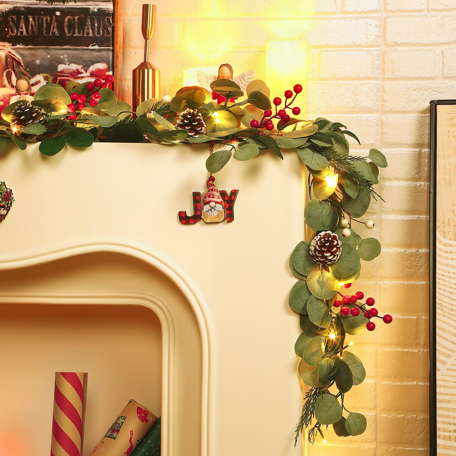 Clearance 6ft Prelit Artificial Eucalyptus Christmas Garland, Multi-Color Lights/Battery Operated, Lighted Faux Garland for Mantle Table Stairs Railing Xmas Indoor Outdoor Decoration