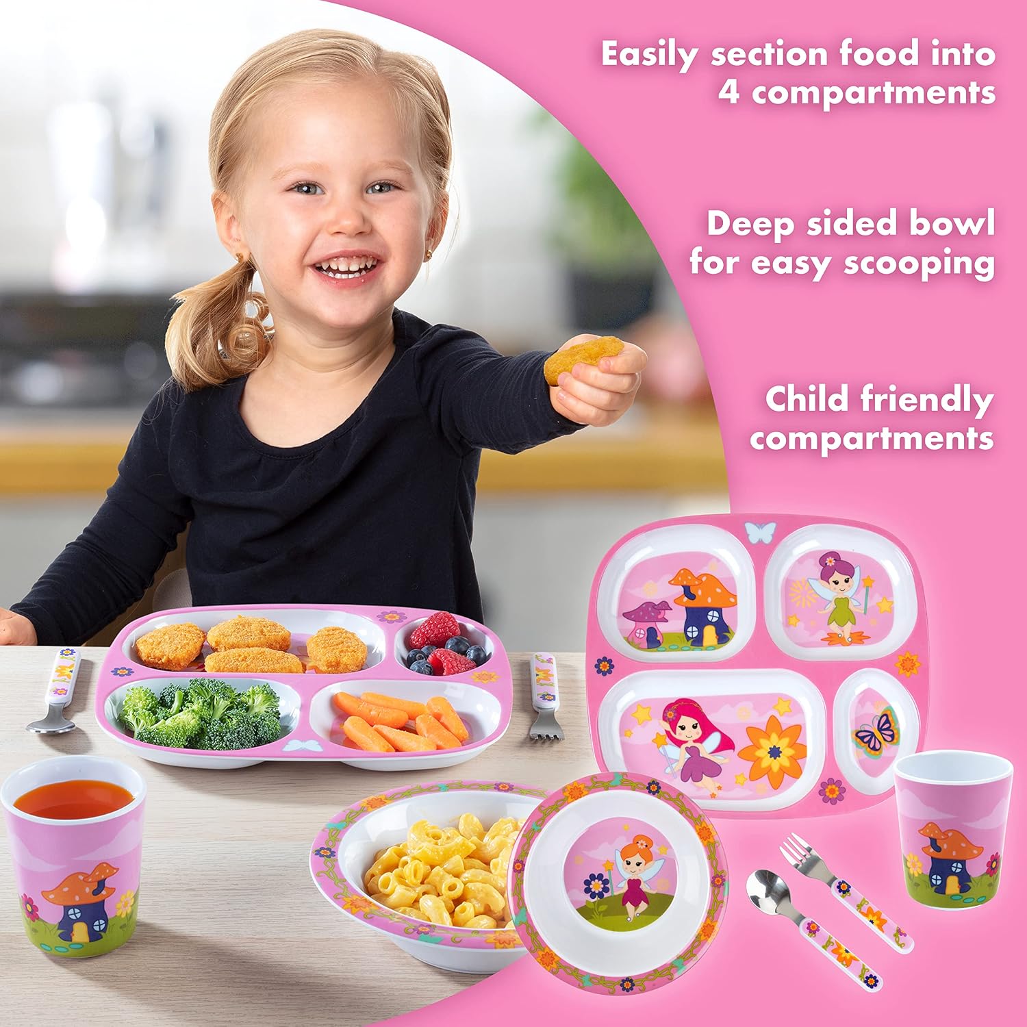 Bentology 5-Piece Kids Dinnerware Set- Whimsical Fairy Theme -Includes Divided 4-Section Plate, Bowl, Cup, Fork & Spoon -BPA-Free Break-Resistant Melamine -Toddler Feeding Set for Girls & Preschoolers